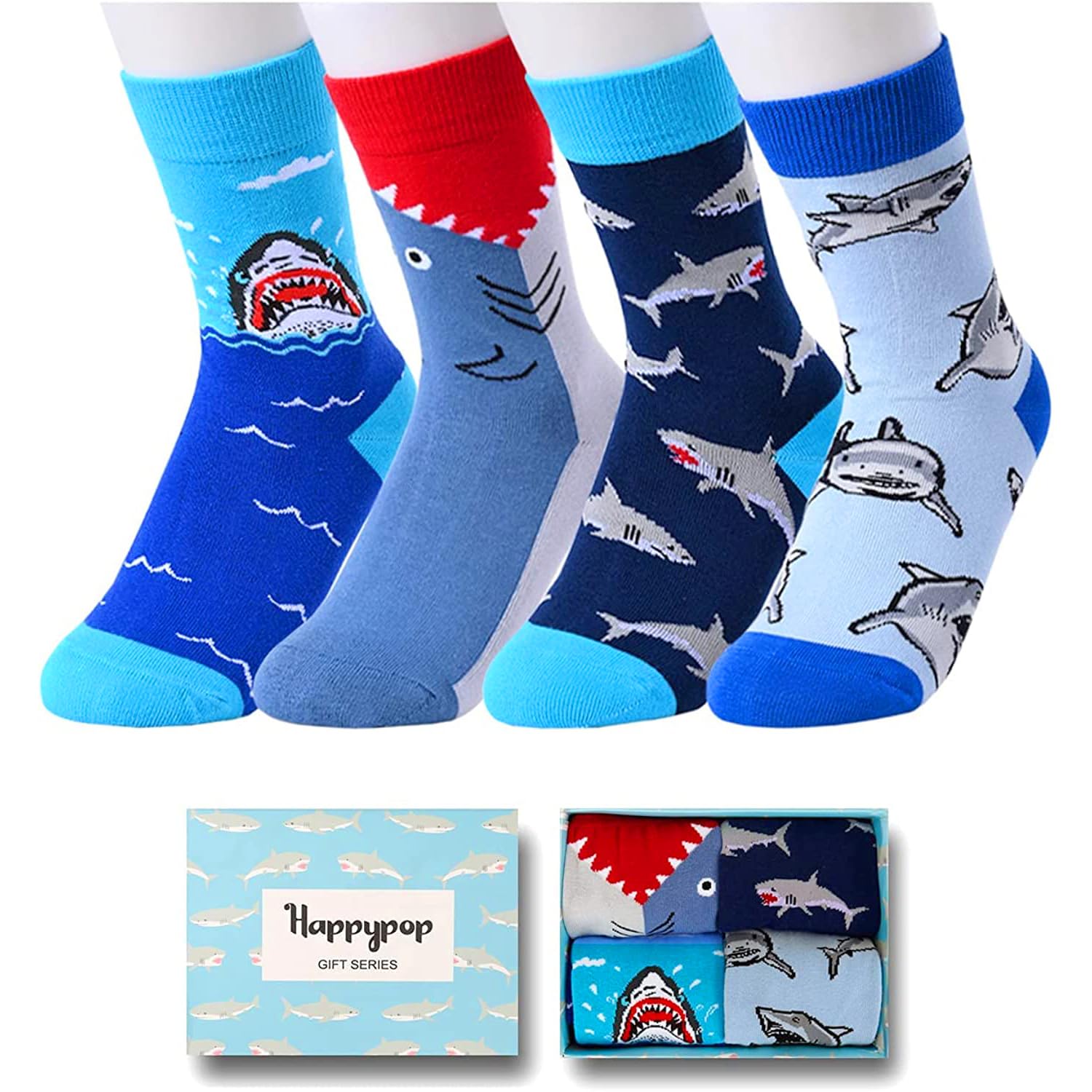HAPPYPOPShark Gifts for Boys - Silly Shark Socks Adult 4 Pack, Ocean Socks for kids Boys 4-18 Years