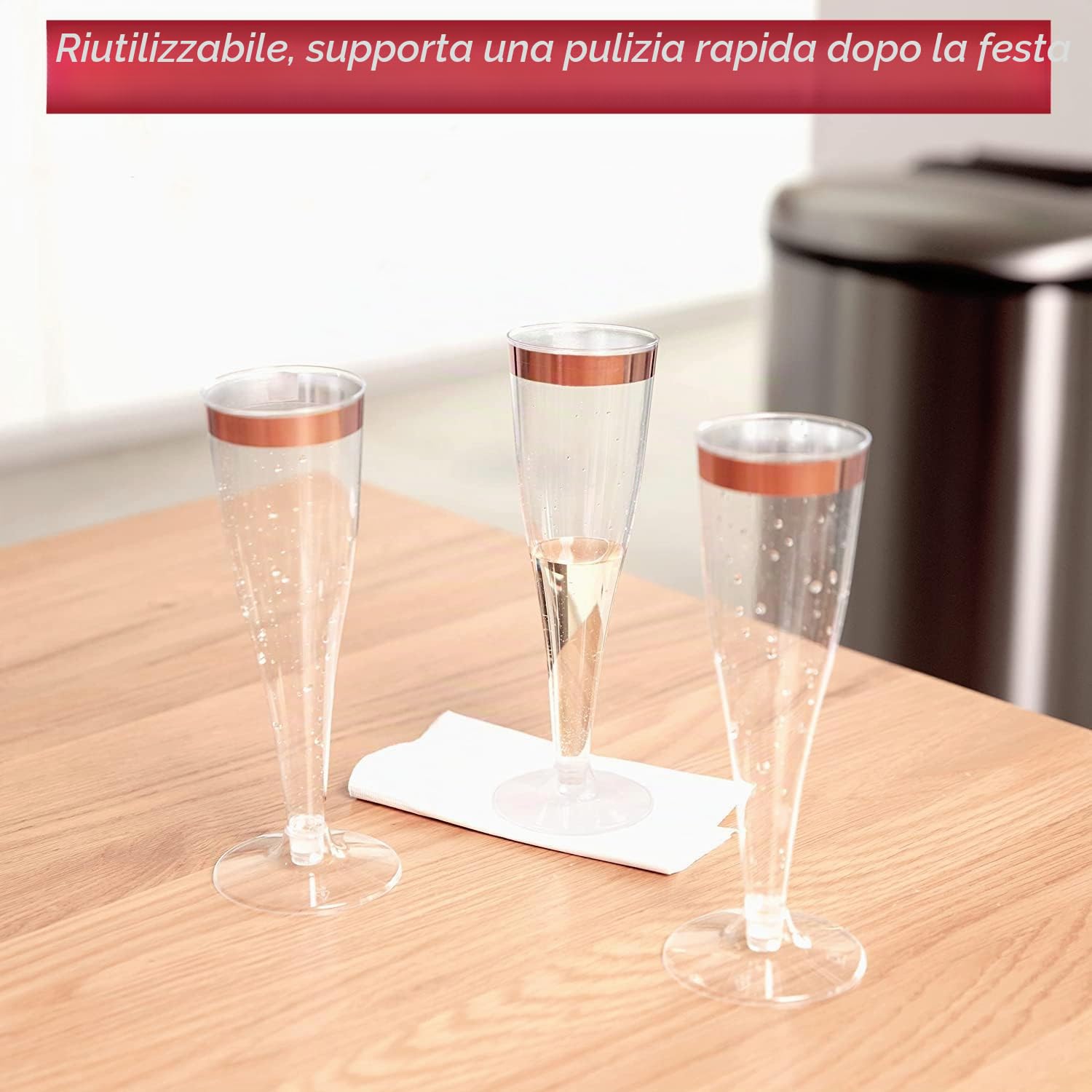 LATERN 50 Pezzi Flute da Champagne con Bordo in Oro Rosa, 150ml Bicchieri da Champagne in Plastica Bicchieri da Vino con Gambo Riutilizzabili per Anniversario Matrimonio Giardino Feste (5 x 17cm)