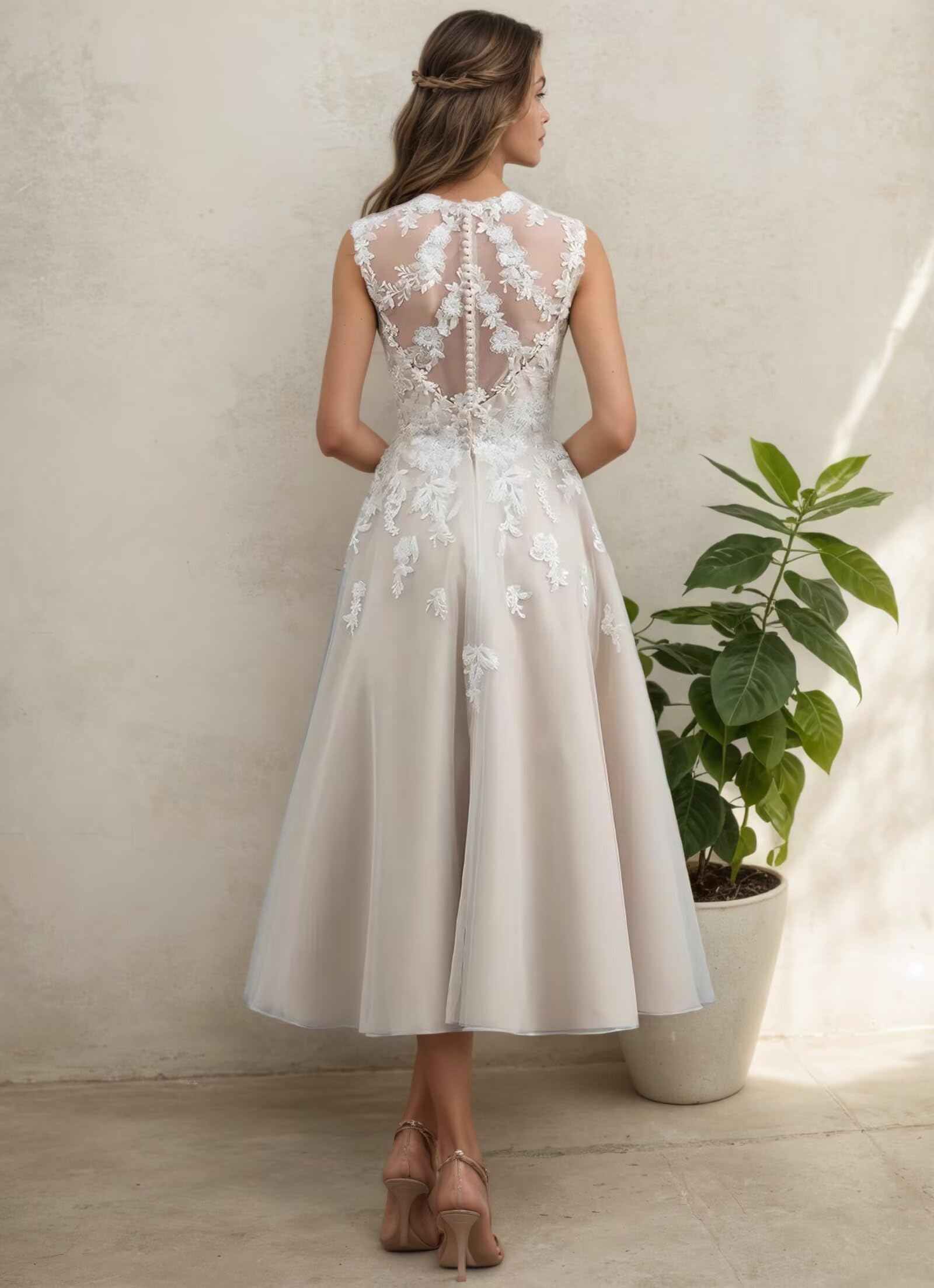 Tüll Midi Brautkleider für Braut Tee Länge Boho Spitze Hochzeitskleider mit Ärmeln für Frauen