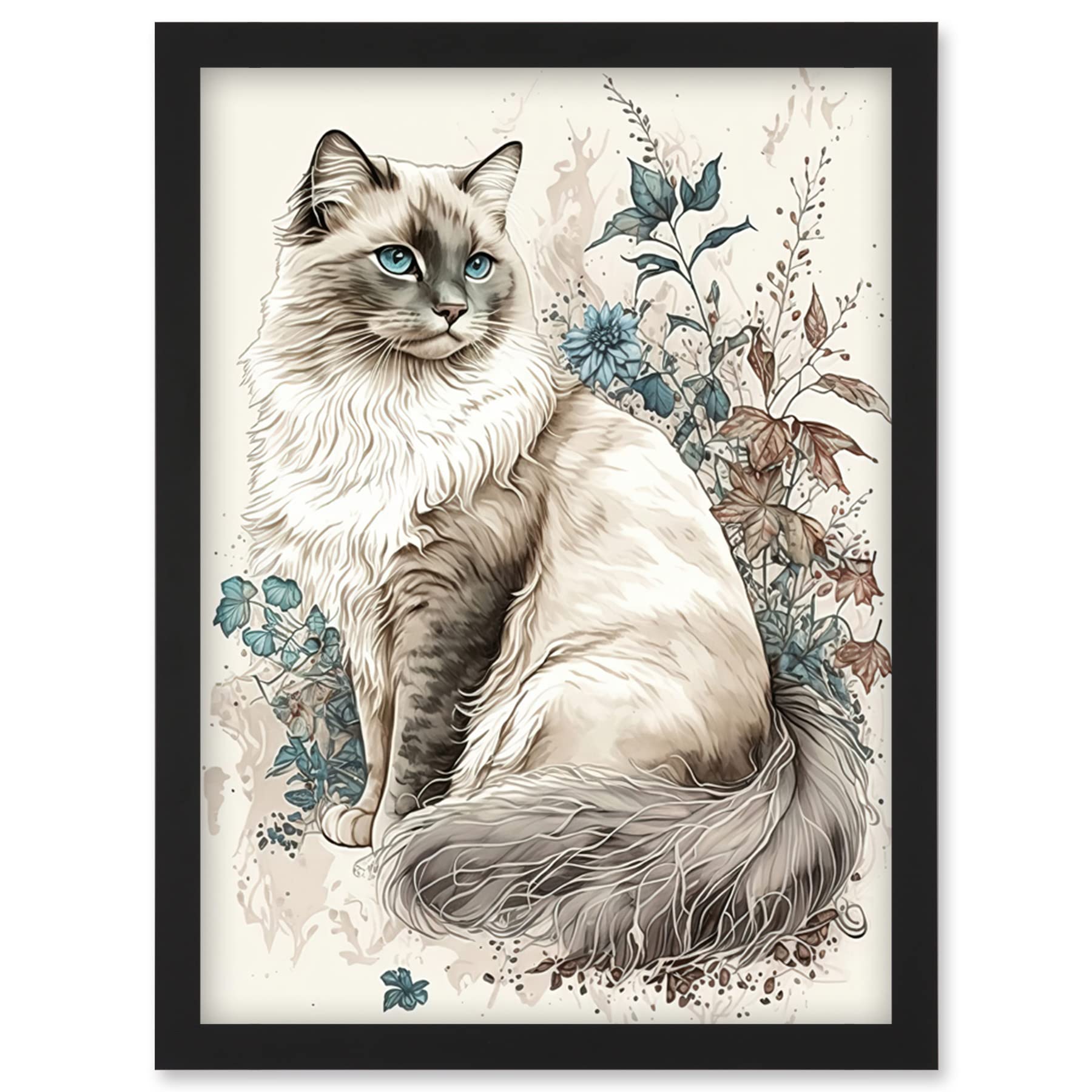 Artery8 Blue Point Ragdoll Cat with Flowers Watercolour Illustration Artwork Framed Wall Art Print A4