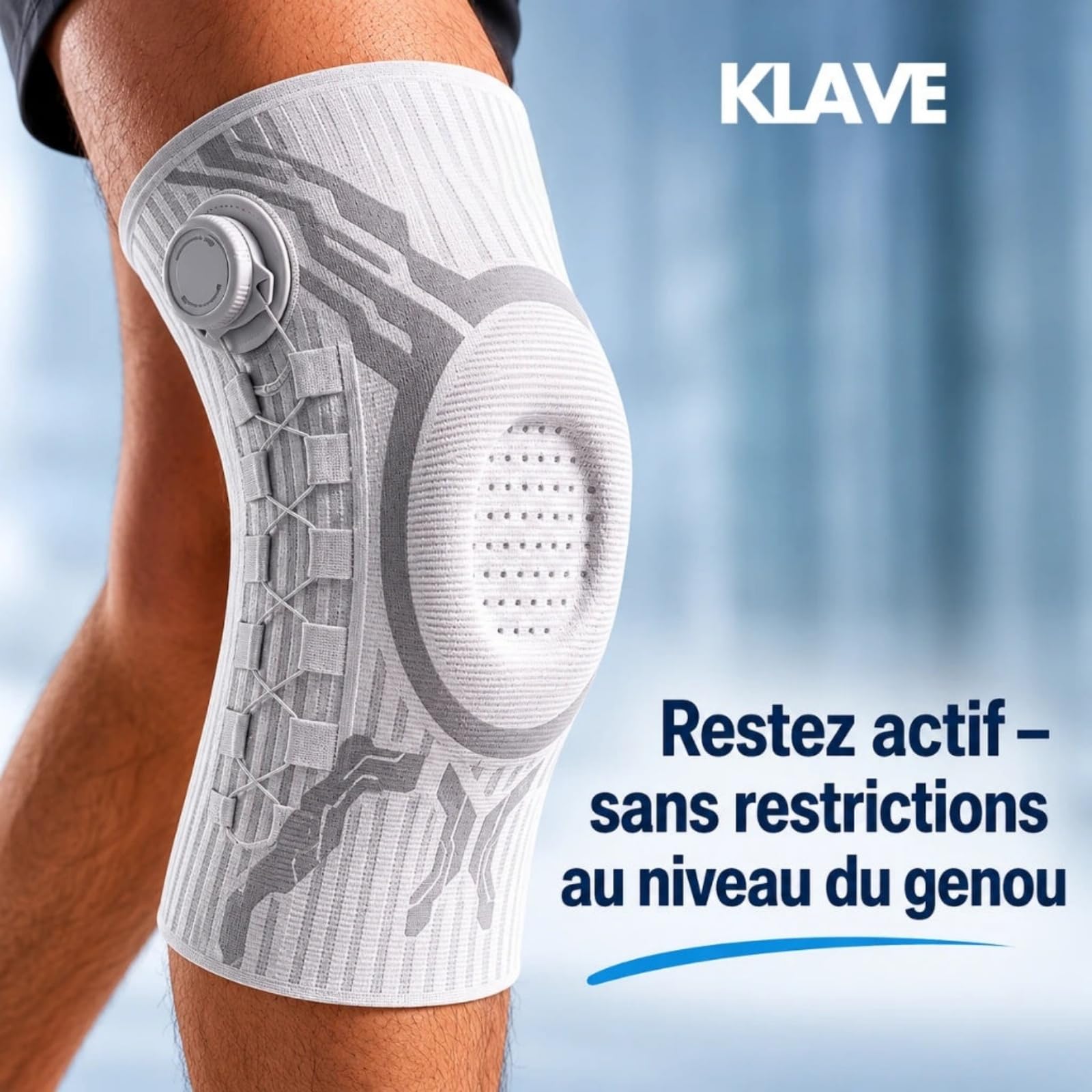 Klave Genouillère,Genouillère de Sport Unisexe,Genouillère de Soutien à Compression avec Bouton de Réglage Rapide,Ressorts et Coussin Gel,Respirant Anti-dérapant