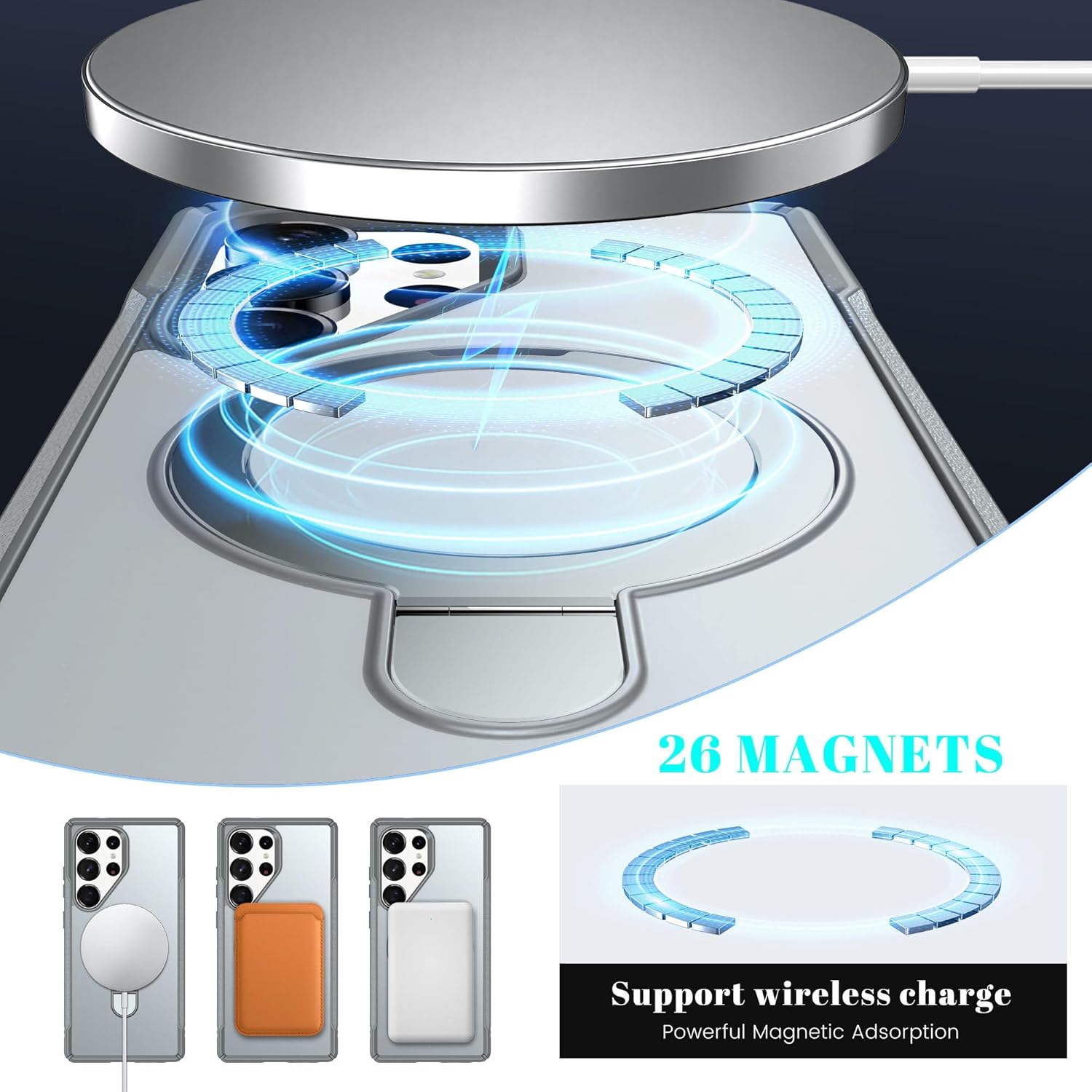Designed for Samsung Galaxy S25 Ultra Case with Kickstand – Compatible with Magnetic Wireless Charging, Shockproof Protective Case, Grey - Image 3