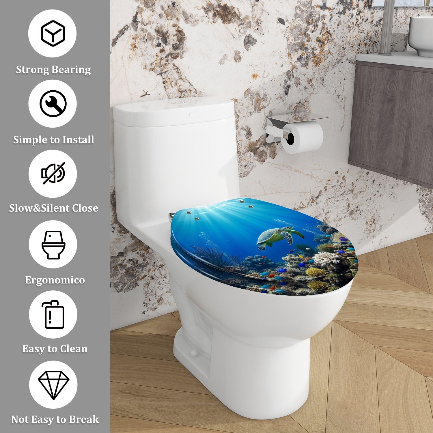 Asiento de inodoro decorativo de resina con cierre suave y liberación rápida.
