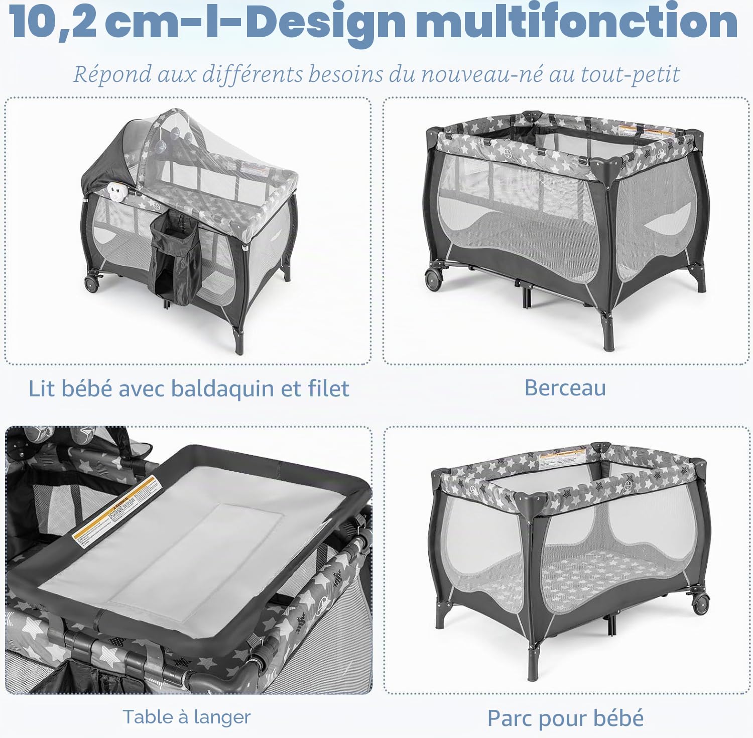 FANTASK Lit bébé 4 en 1, Arche de Jeu et boîte à Musique, Landau avec roulettes, Sac de Transport, lit d'appoint Portable avec Matelas Pliable, Table à Langer, baldaquin, pour bébé jusqu'à 36 Mois