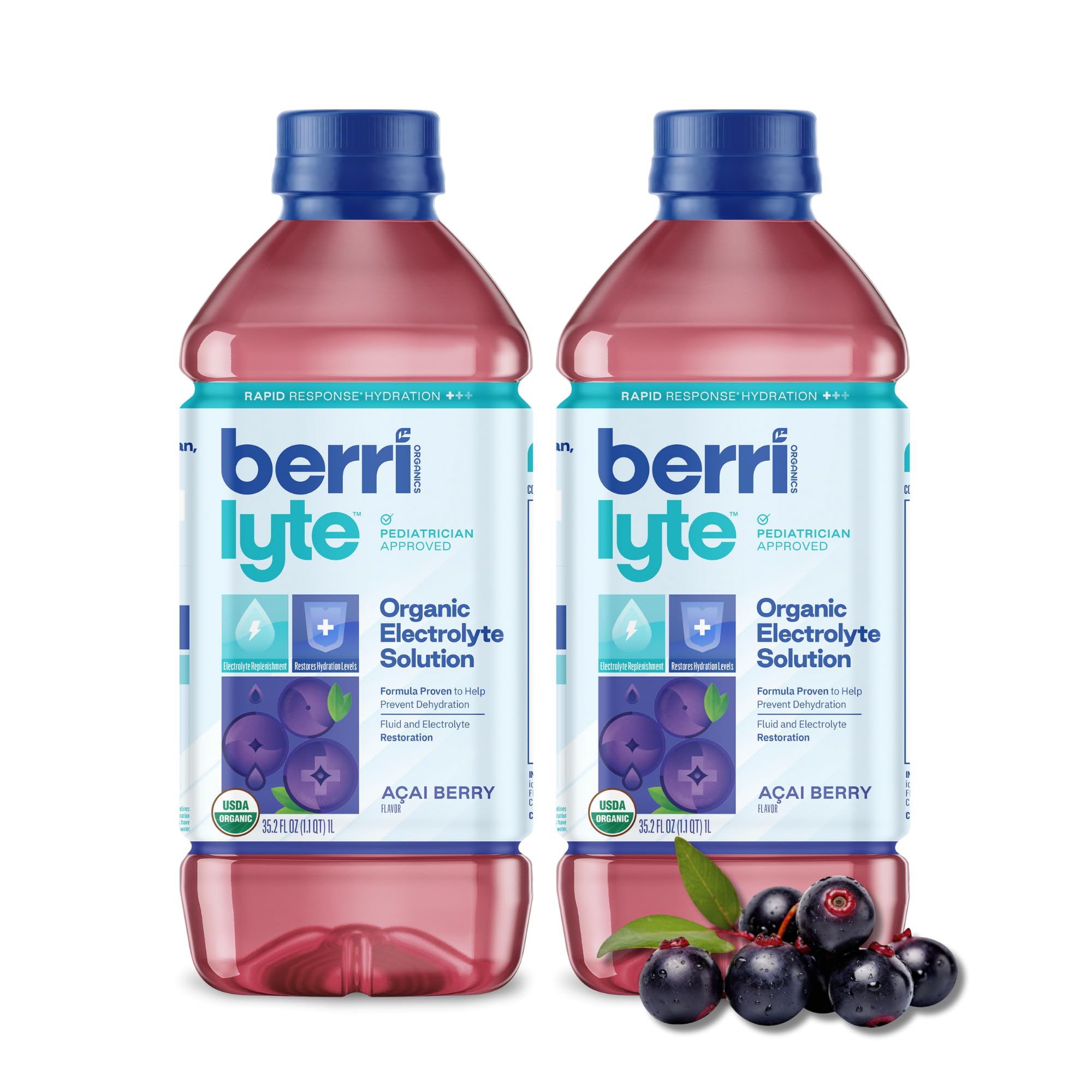 Berri Lyte Plant Based Organic Electrolyte Solution – Pediatric Rehydration Drink – Low Sugar Acai Berry Flavor, 1 L, 2 ct