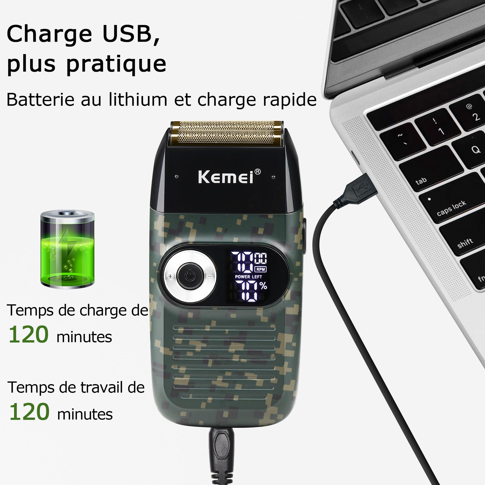 KEMEI Rasoir à grille pour homme Rasoir électrique pour tête chauve Shaver Homme sans fil avec affichage LED Cadeau pour la fête des pères