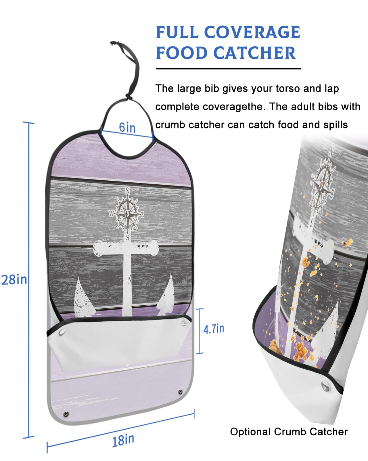 Purple Grey Ombre Wood Adult Bibs for Eating, Waterproof Bibs with Food Catcher & Adjustable Snap Closure, Beach Nautical Anchor Ocean Coastal Clothing Protectors Adult Bibs for Elderly Women/Men