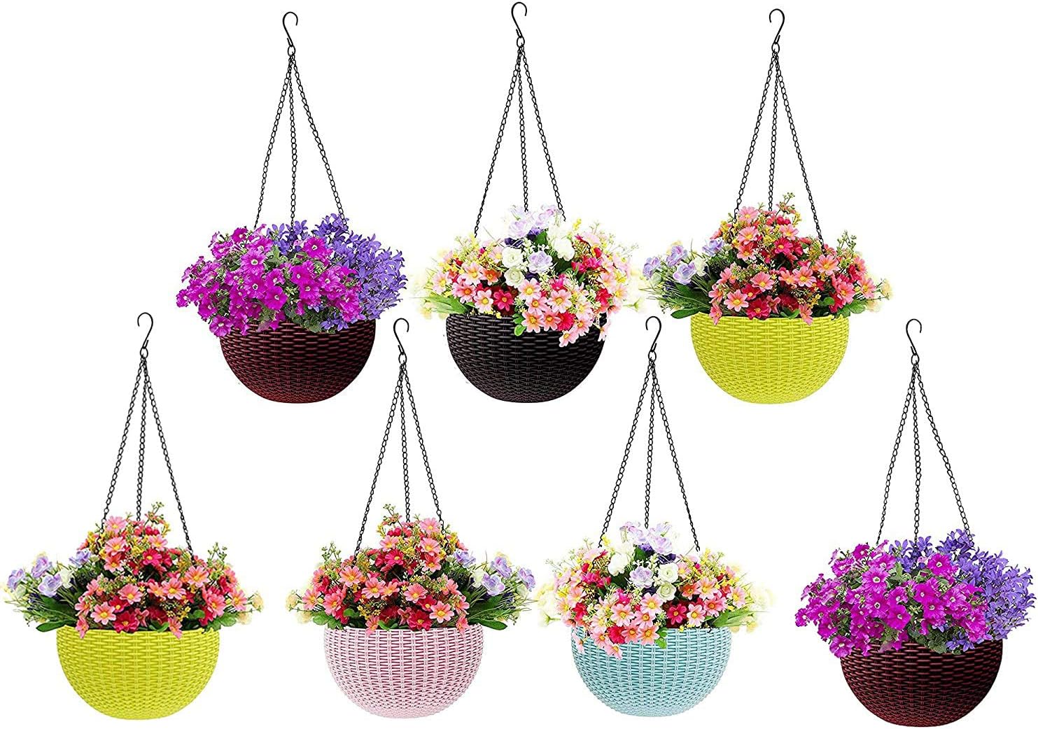 - Plastic Hanging Planter, Multicolour, Pot Diameter -7.1 Inch, Pot Height -4.8 Inch, Pot Thickness -3 mm, Chain Length -13 inch Approx., 7 Pieces (RattanPlanterSetof7)