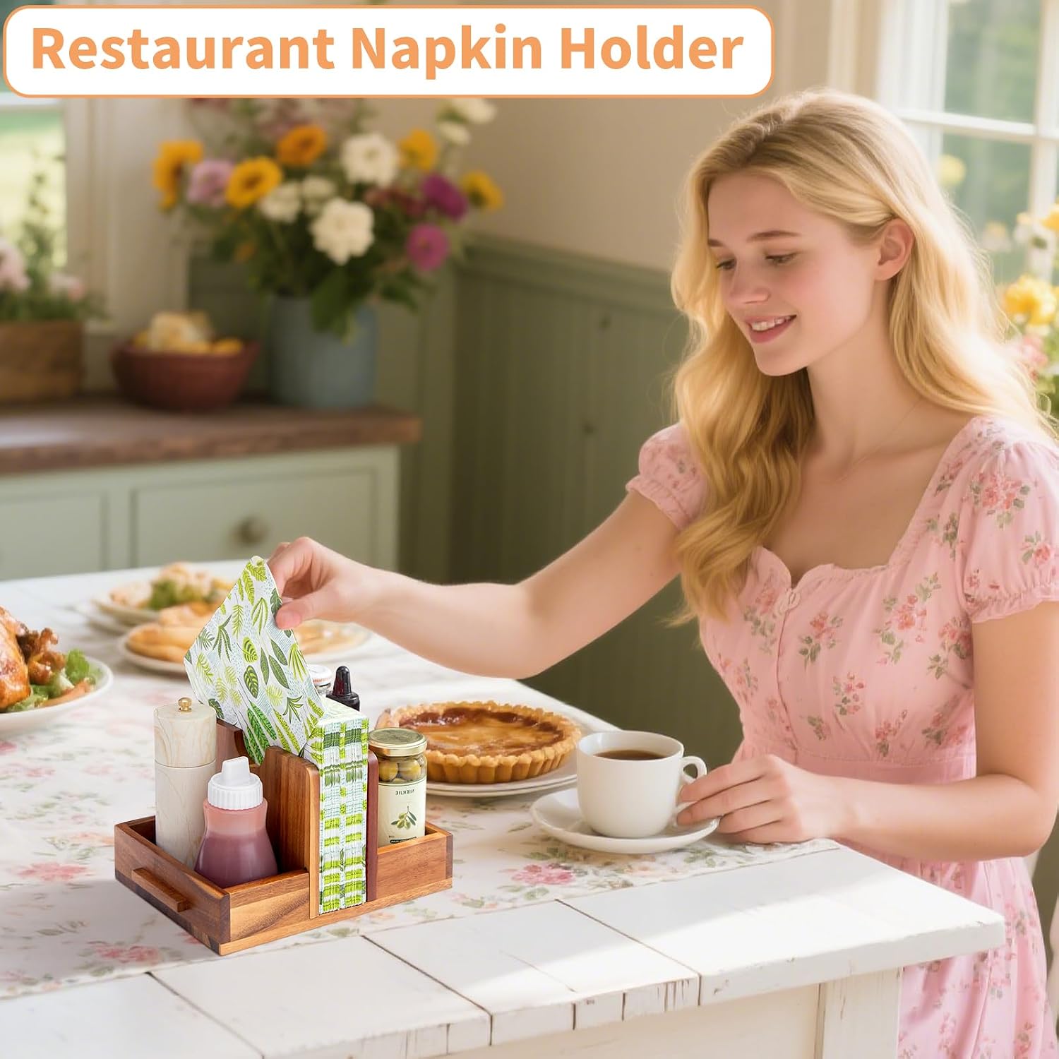 Napkin Holder for Table, Wooden Napkin Holder with Salt and Pepper Shakers Caddy, Rustic Napkin Holders for Kitchen Dining Room Table Decor, Standing Wood Napkin Dispenser for Indoor & Outdoor Use