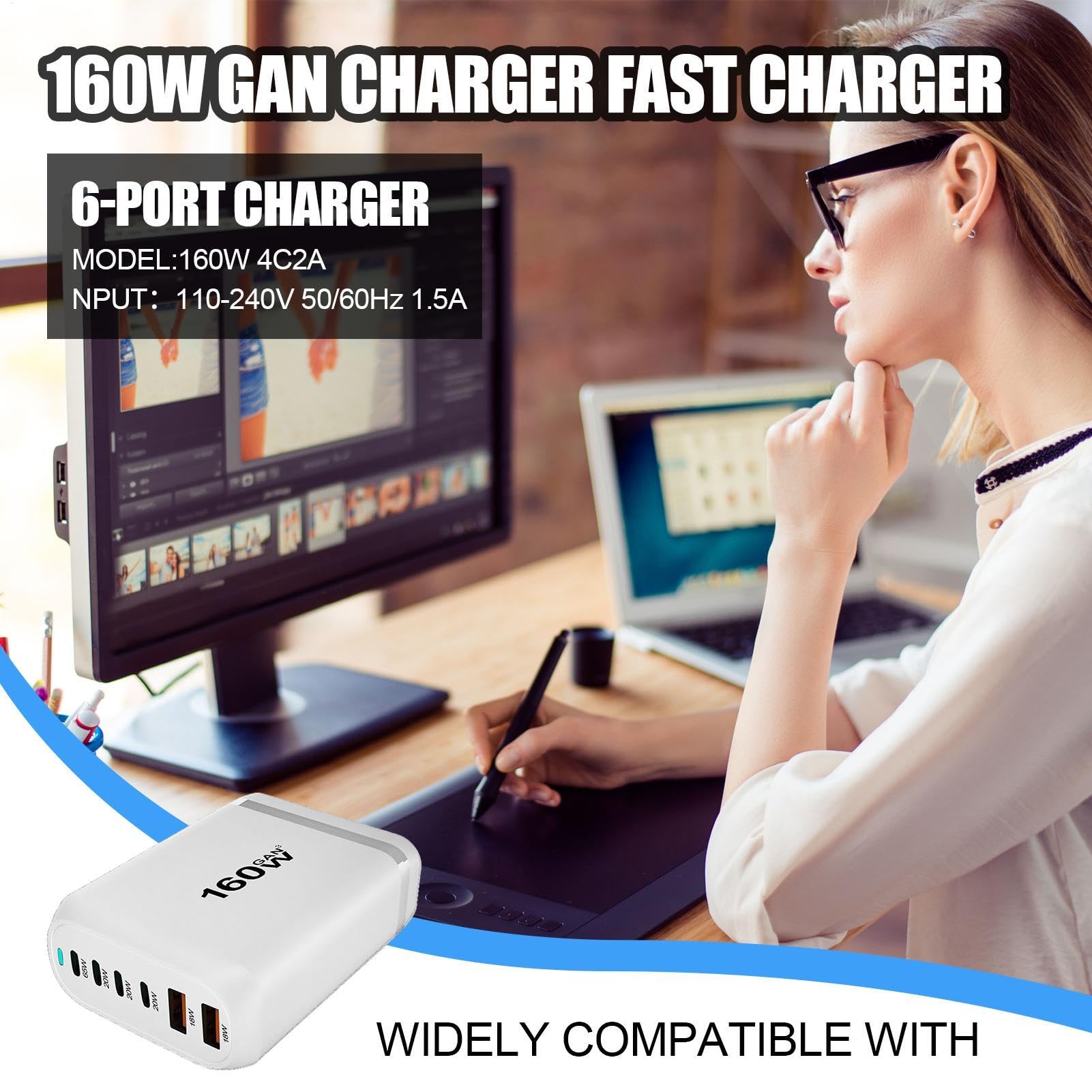 1 chargeur USB 160 W – Hub USB à charge rapide, chargeur USB puissant