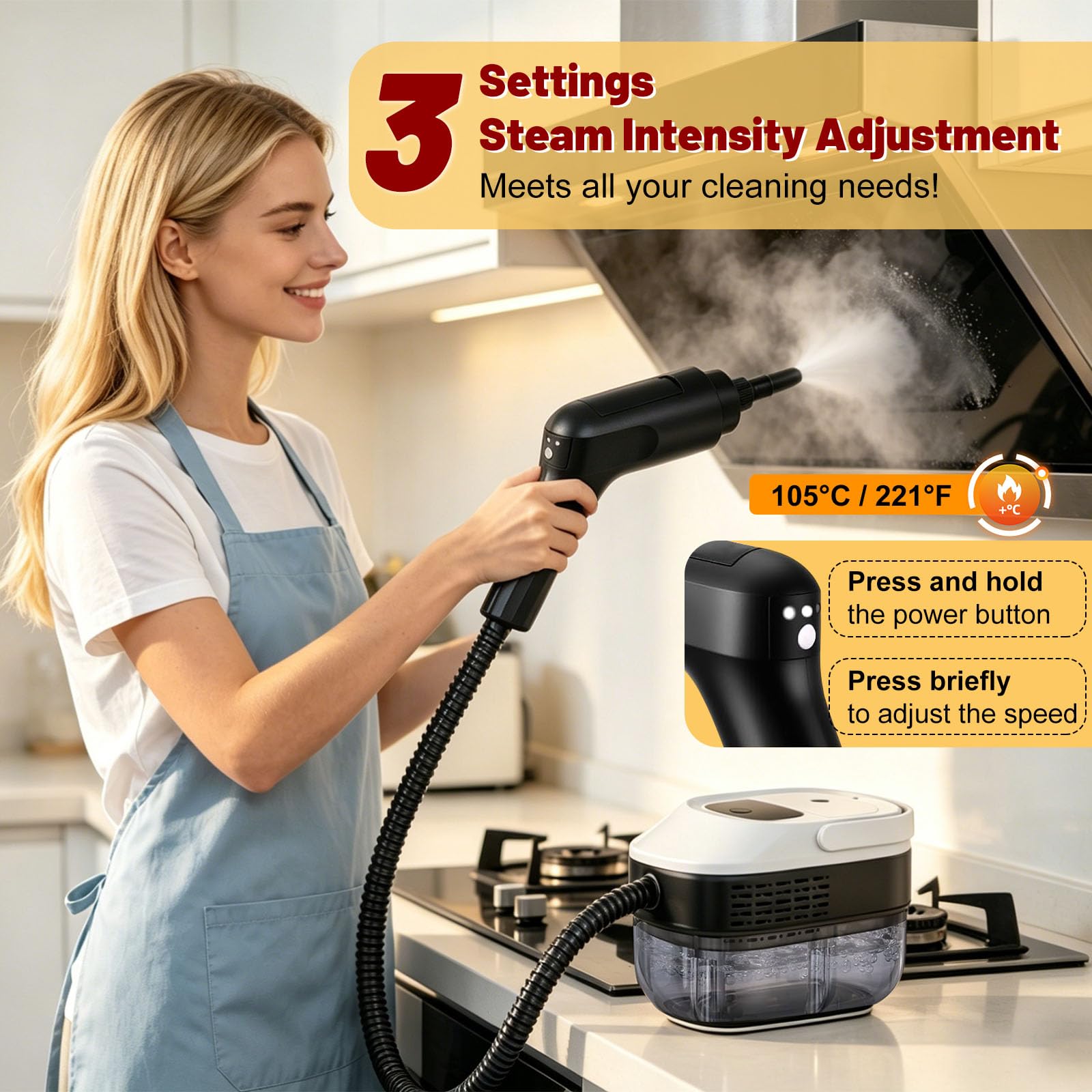 Limpiador a vapor portátil con 3 niveles de potencia, steam cleaner equipado con un depósito de 1600 ml, ideal para la limpieza a alta presión de cocinas, baños, ventanas y coches