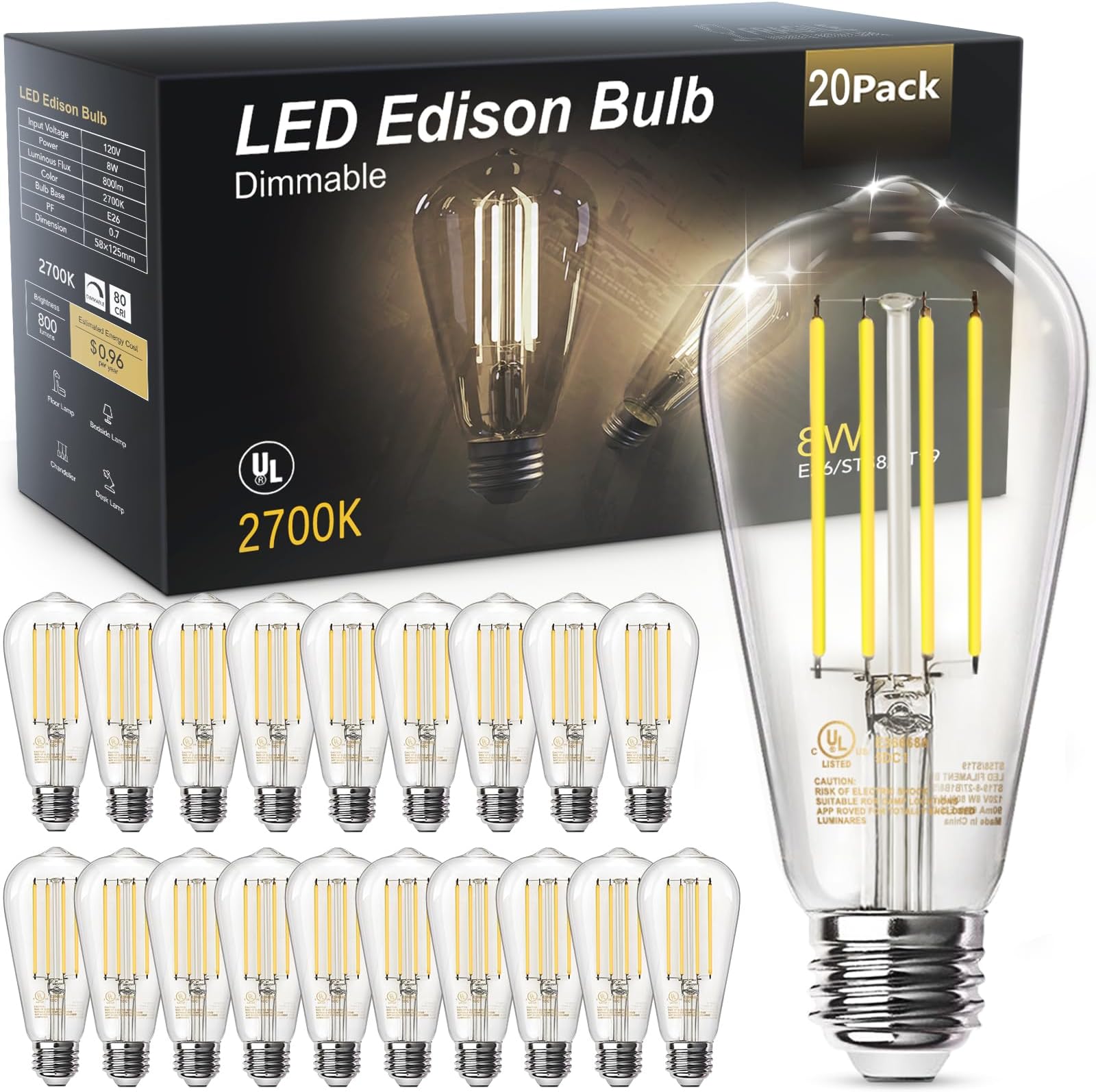 TJOY 20 Pack Vintage 8W ST58 LED Edison Light Bulbs, Dimmable, 60W Equivalent, 800Lumens, 2700K Warm White, E26 Base LED Filament Bulb, CRI80+, Antique Glass Style for Home, Bedroom, Office, Farmhouse