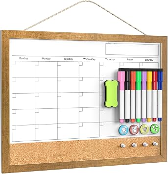Dry Erase Calendar for Wall, 17x13 Hanging Whiteboard Calendar | Magnetic, With Cork Board, Hangable, Wooden Frame, Ideal for Dorm Room, Office, Kitchen, Bedroom, Home, School, Classroom
