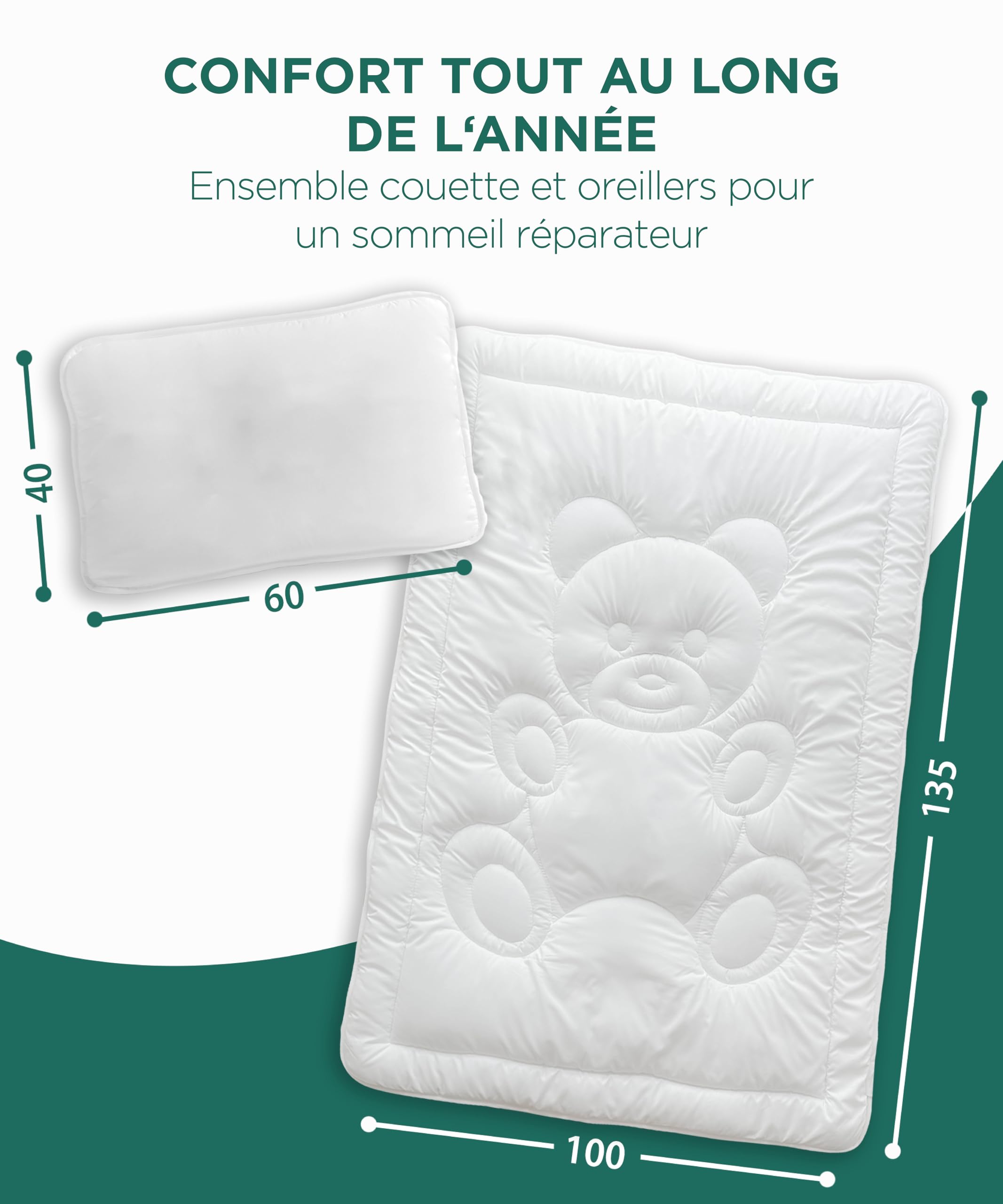 KNERST® Set Couette Bébé 100x135 + Oreiller 40x60 – Couette Lit Bébé et Coussin Enfant – Couverture Respirante, Lavable et Hypoallergénique