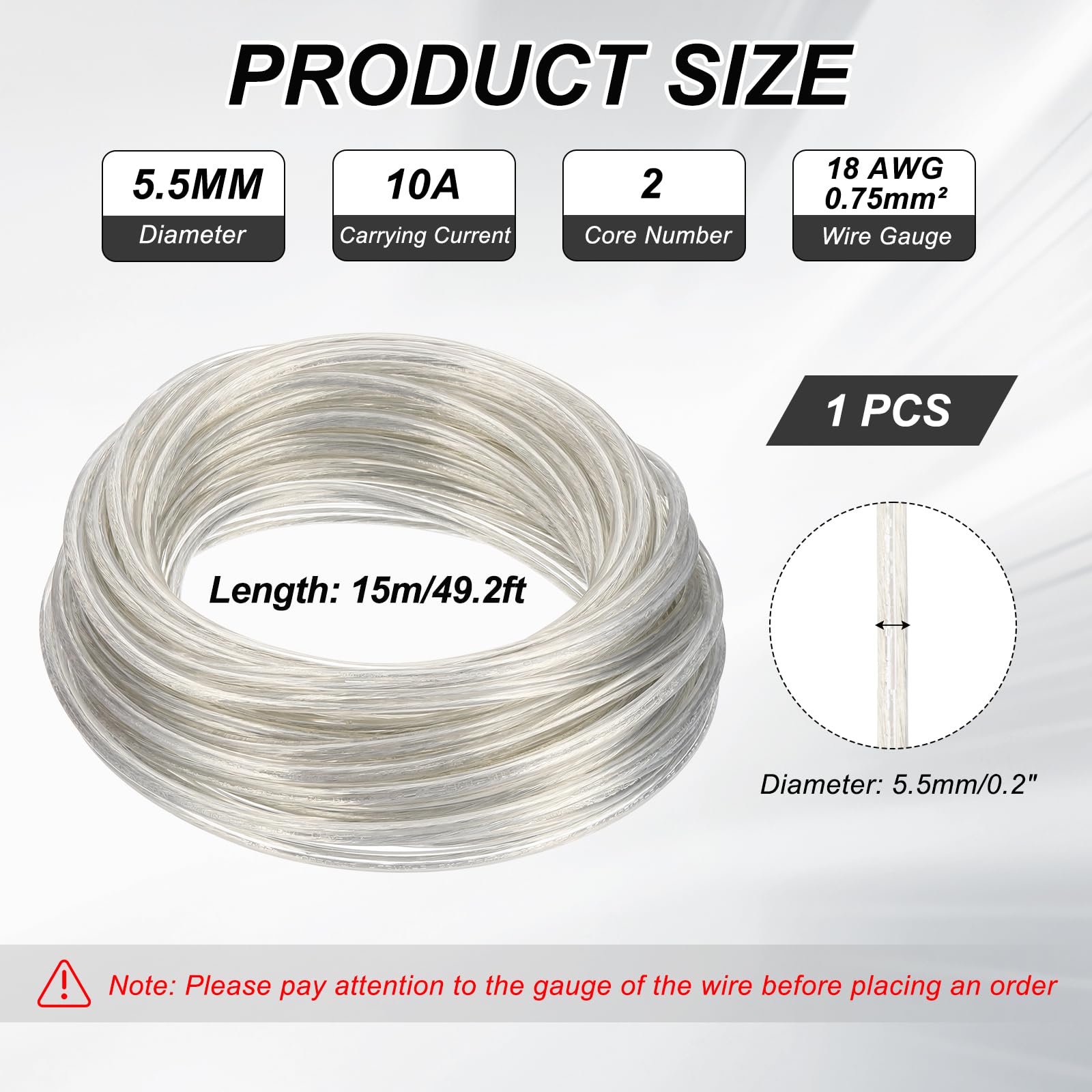 QUARKZMAN Kabel powlekany PCW, 2-żyłowy kabel zasilający 18 AWG 15 m, kabel elektryczny do lamp LED, kabel audio, przewód głośnikowy, przezroczysty