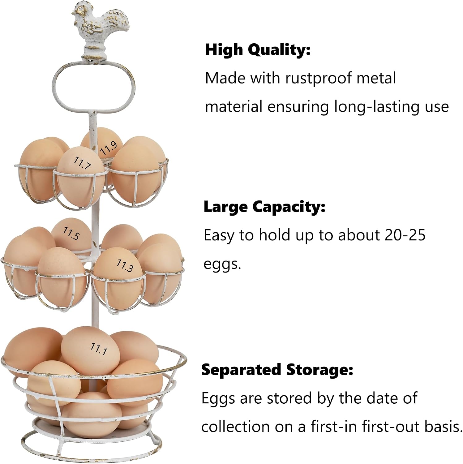 Fresh Egg Holder Countertop Vintage Metal Multi-Tier Egg Holder with Storage Basket Farmhouse Countertop Egg Storage Rack for Kitchen Organization (Double Layer White)