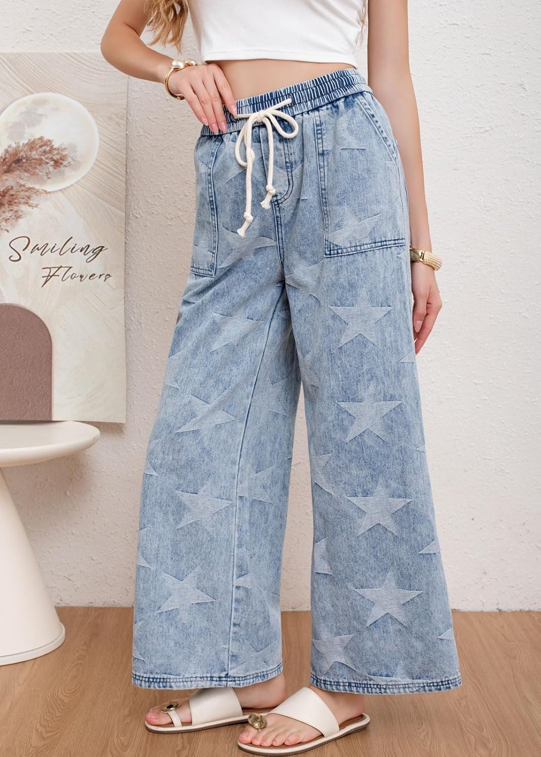 CHARTOU Women Baggy Wide Leg Drawstring Jeans Flare Elastic High Waist Star Printed Jeans Loose Denim Pants - Image 4