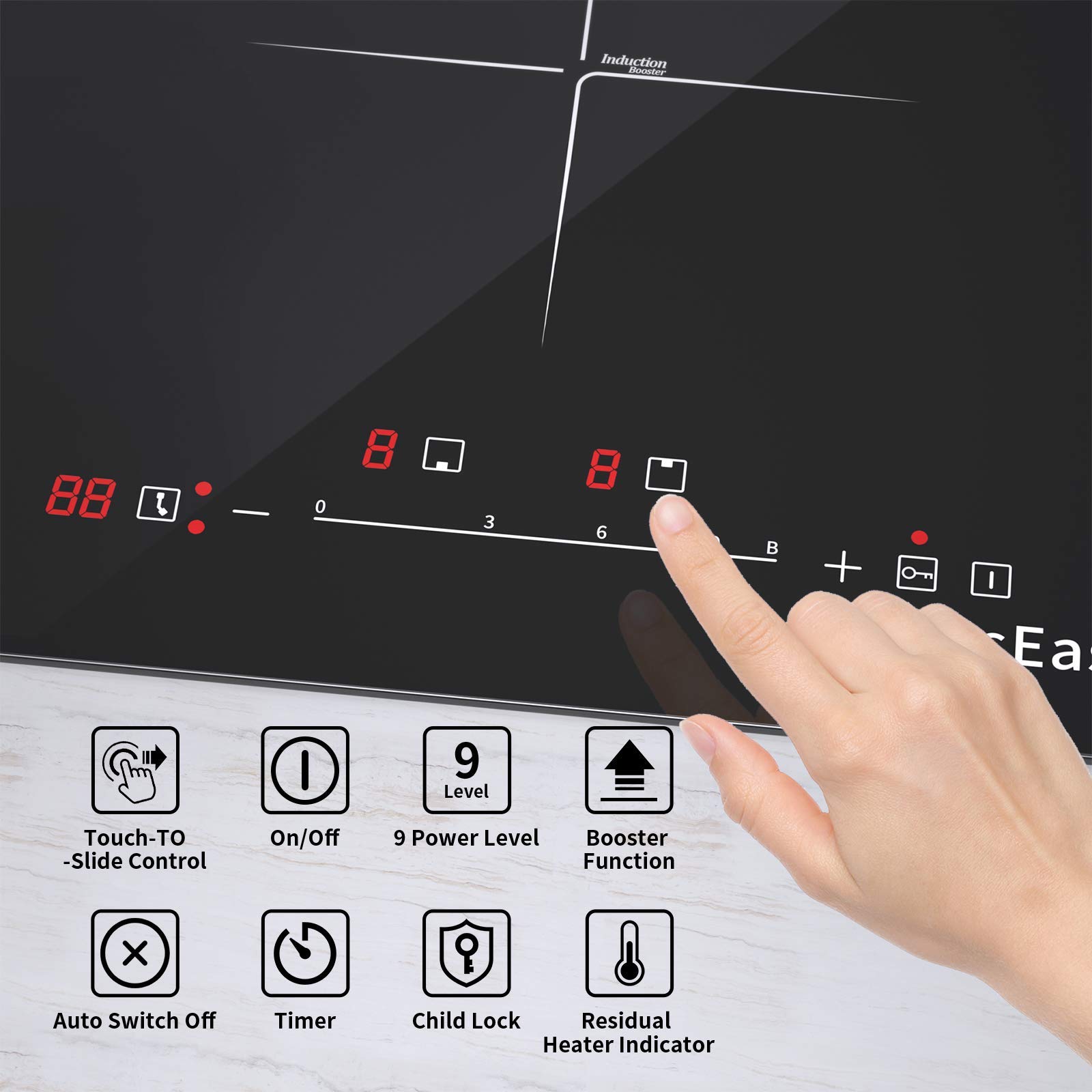 Elettrico Piastra a Induzione, Piano cottura Vetro a induzione (2 Fuochi - 3400W)