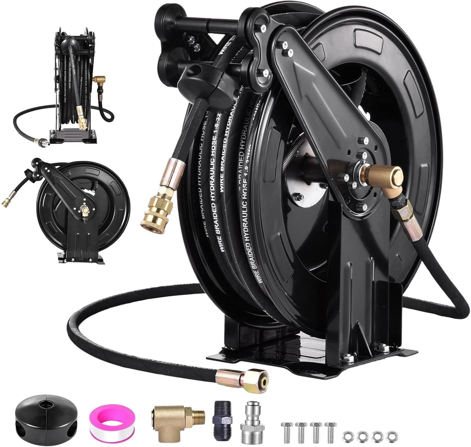 Hose Reel for Pressure Washer - Heavy Duty Double Arm Steel Washer Reel 4000 PSI - Auto Rewind, Wall Ceiling Floor Mount, for Cleaning Yard