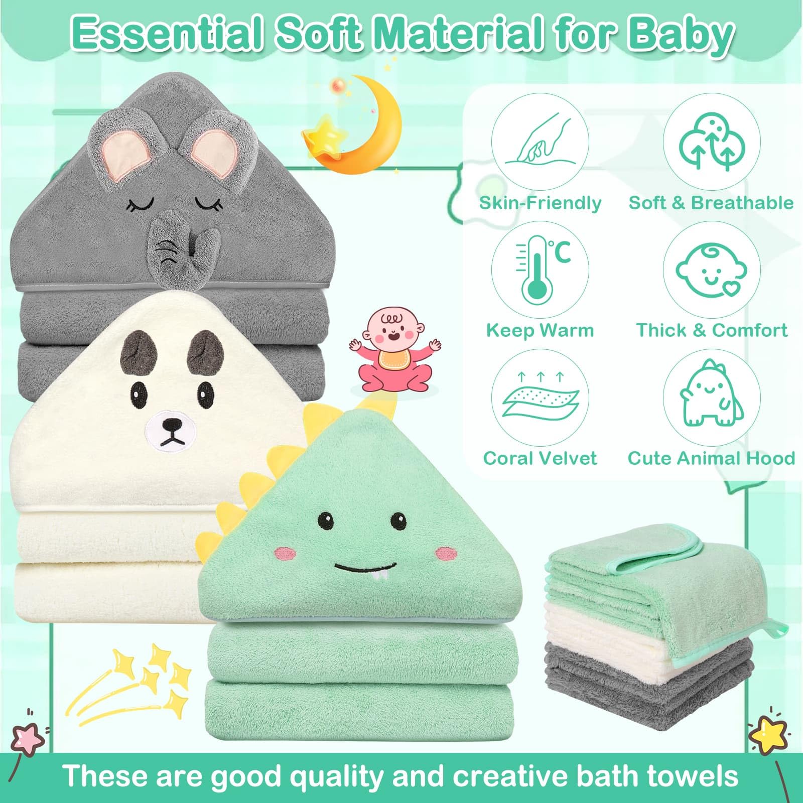 Sublaga 78,9 x 78,9 cm Baby-Kapuzenhandtücher, 9-teiliges Bad für Jungen, Waschlappen-Set mit niedlichem Design, Duschtuch, Geschenk für Neugeborene, Säuglinge und Kleinkinder