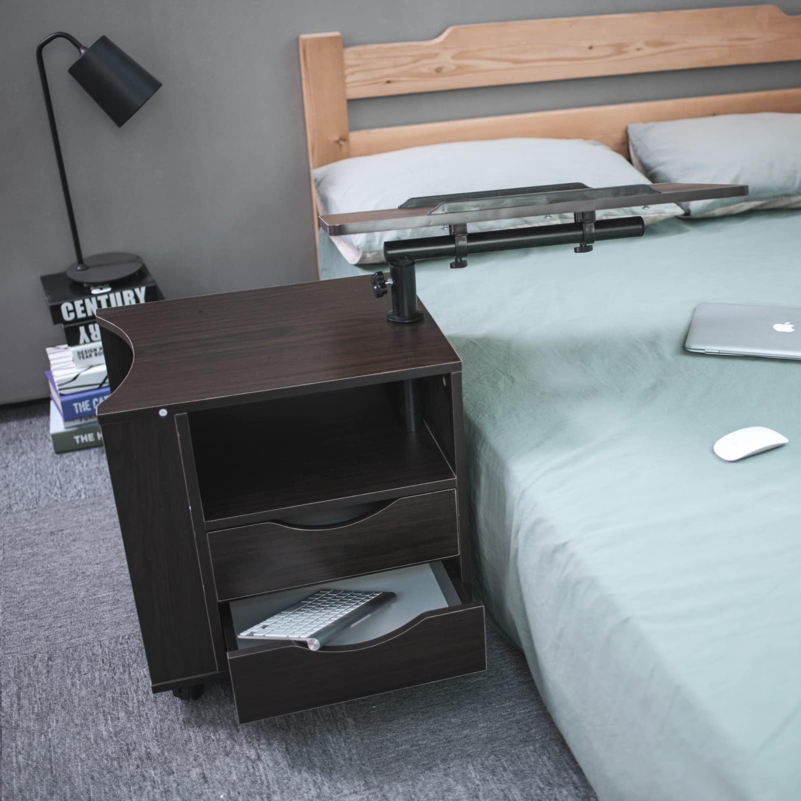 Splendent FurnitureSF Upgraded Multifunctional Height Adjustable Overbed End Table Wooden Nightstand with Swivel Top, Storage Drawers, Wheels and Open Shelf, 2 Colors Black/Pink (Black)