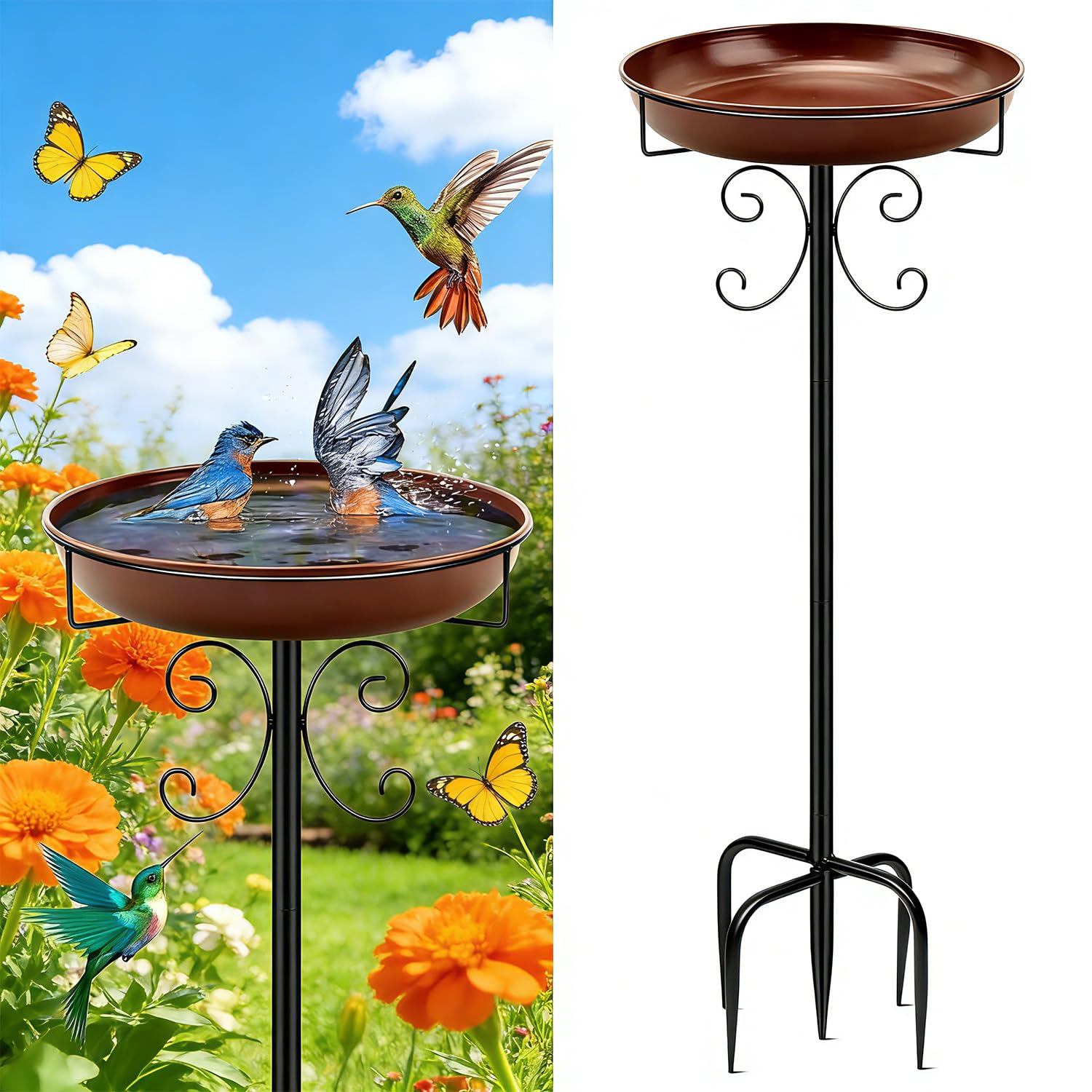 Baignoire oiseaux métal antirouille de 31cm avec pied d'ancrage solide