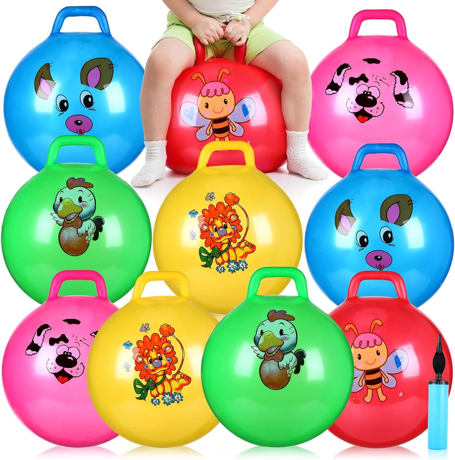 6 Pcs Bouncy Balls with Handles for Kids Bulk, Hop Bouncing Balls,Jumping Exercise Hopping Ball,Classroom, Party Favors, Goodie Bags Fillers, Birthday Day Gifts and Prize(10 Inch)