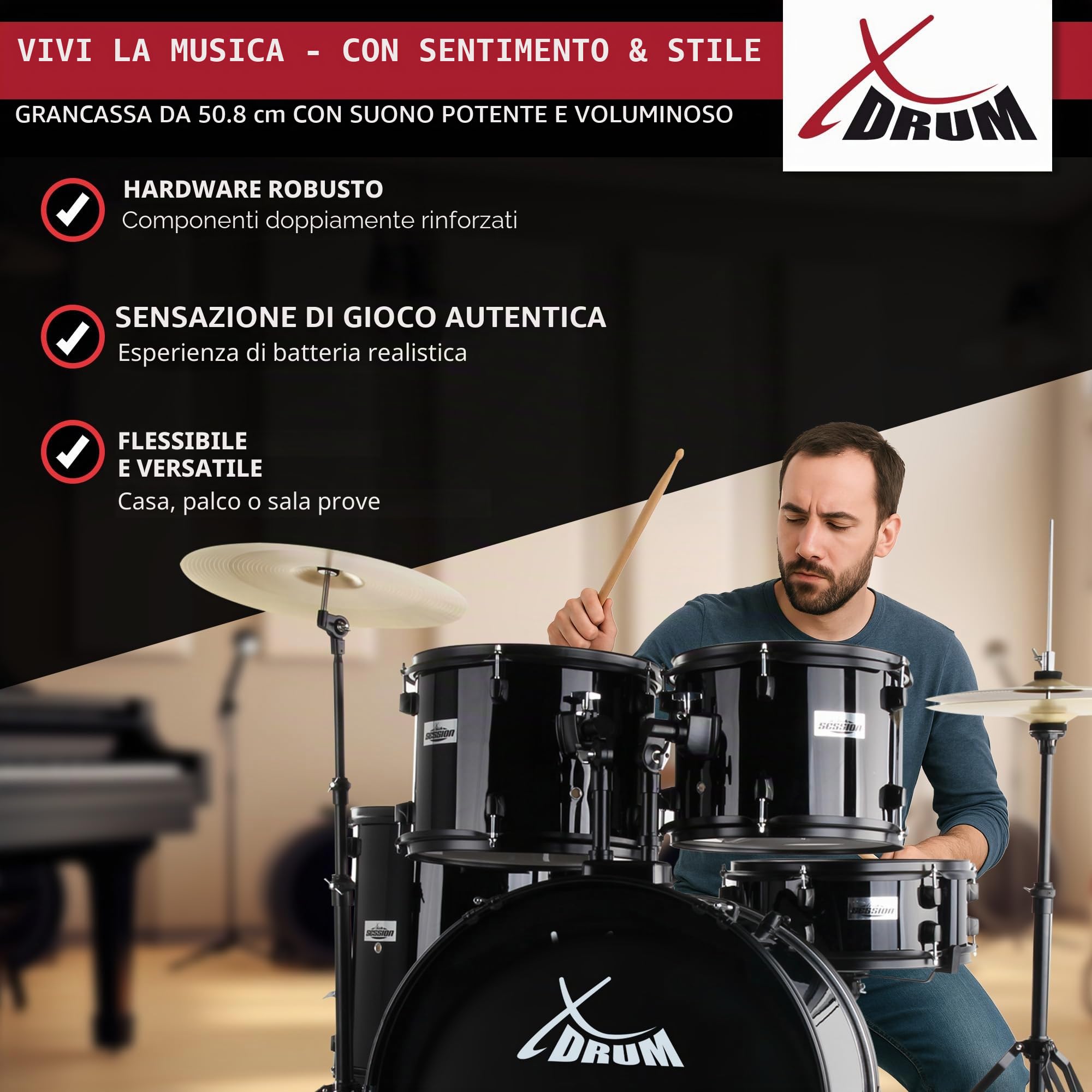 XDrum Rookie 20" Studio Batteria Black più Set di Smorzatori, 14" TT | Fusti in pioppo acusticamente pregiato con pellicola speciale, Hardware nero a doppio rinforzo a 5 pezzi, 14" TT, 14" SD