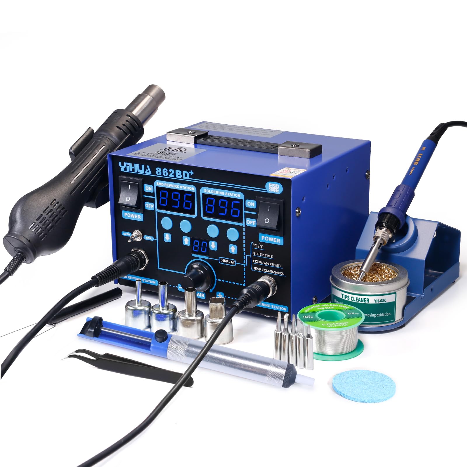 862BD+ SMD ESD Safe 2 in 1 Soldering Iron Hot Air Rework Station °F /°C with Multiple Functions