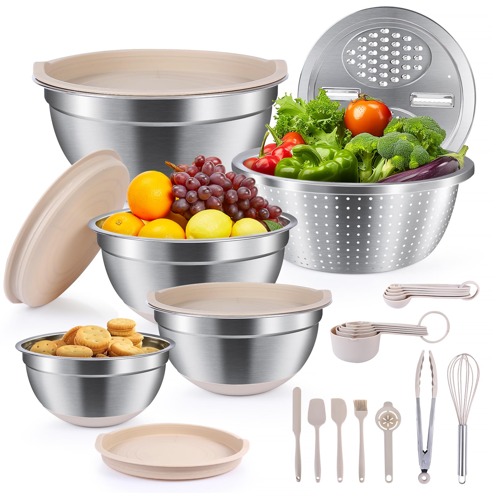 Stainless Steel Mixing Bowls with Lids - Nesting Bowl Set with Airtight Lids, Colander Bowl & Grater Plate for Kitchen Prep, Cooking, Baking, and Meal Prep (1.1QT to 6.1QT), Non-Slip, Khaki