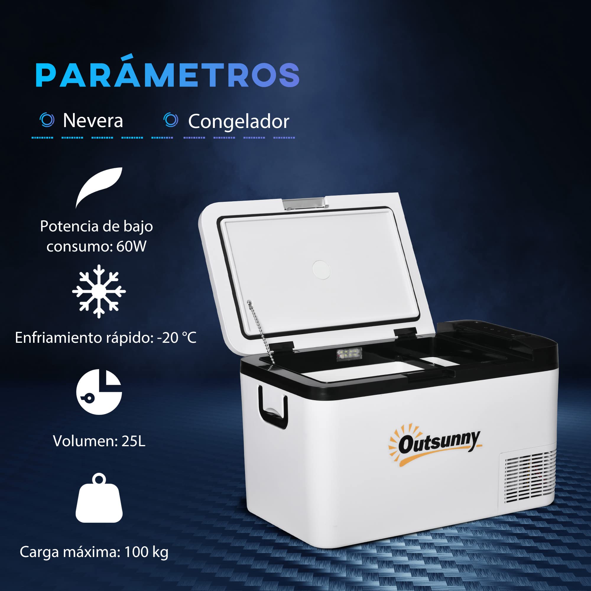 Outsunny Nevera Portátil Eléctrica 25L 12/24V hasta -20℃ Nevera y Congelador de Compresor para Coche con Luz LED y Asas Plegables Bajo Consumo Energético para Hogar Camping 58,5x33,5x35,2 cm Blanco