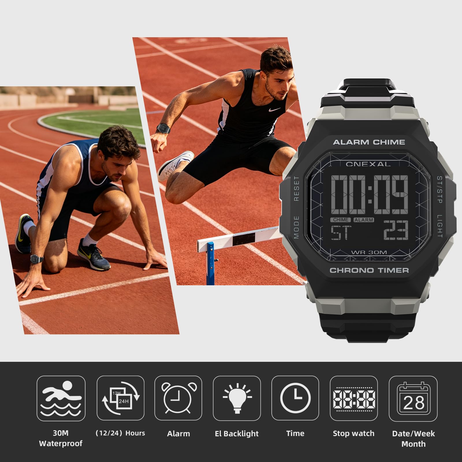 Montre de sport numérique pour homme - Résistante à l'eau - Lecture facile avec grand écran, chronomètre, alarme et batterie de 18 mois