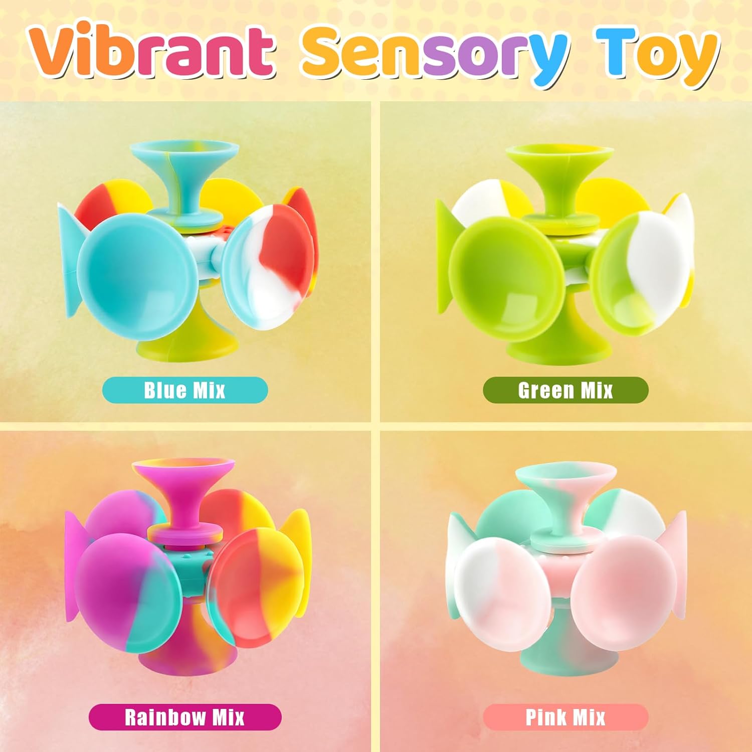 Kiditos Suction Cup Spinner Toys, 4 Pack Sensory Fidget Toys for Toddlers, Kids & Adults, Screen-Free Stick and Spin Toy for Window, Table, Bathtub, Car Rides, Travel, Office Desk, Party Play