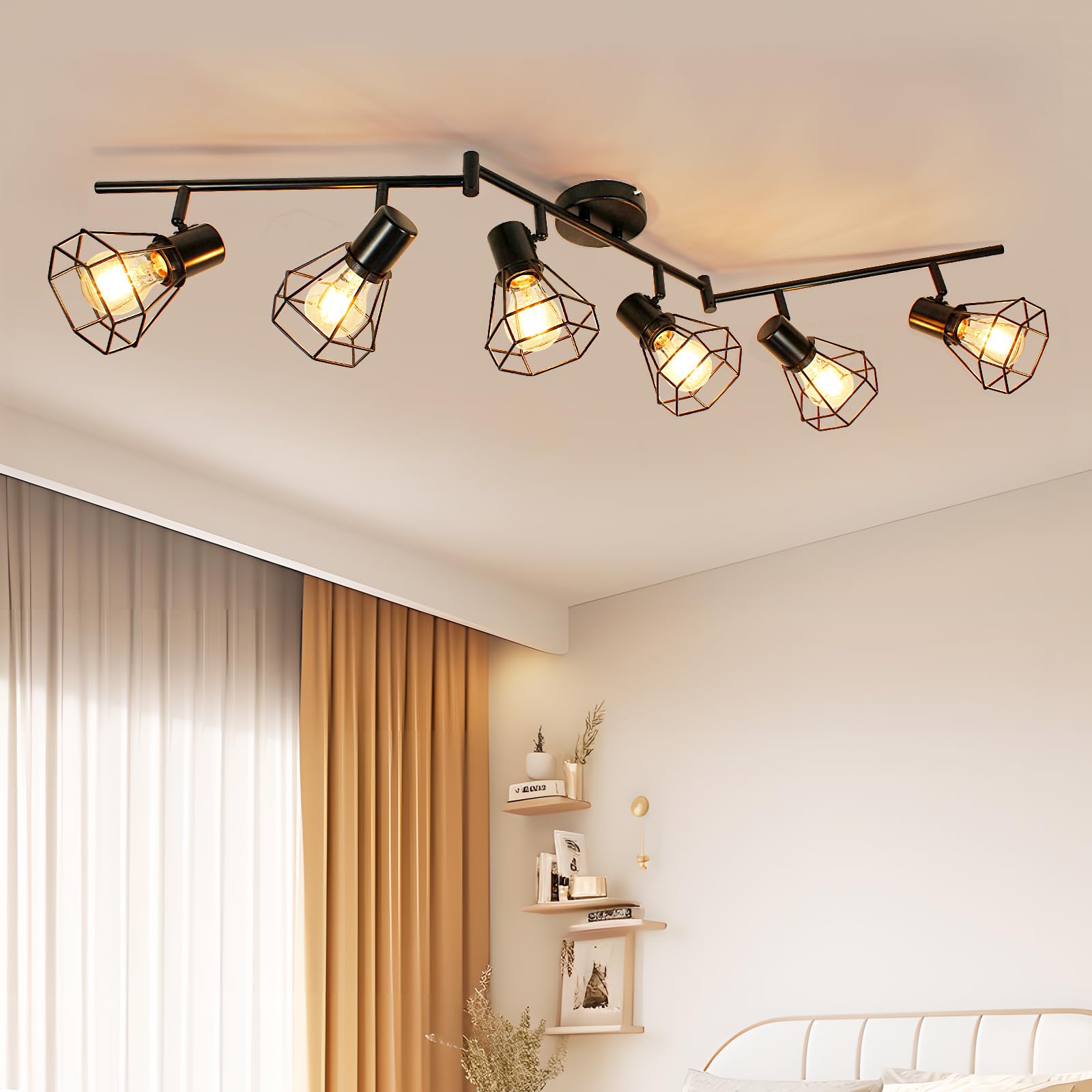 Unikcst 6 Way LED Ceiling Lights Rotatable Kitchen Lights Ceiling E27 Spotbars Black Industrial Spotlights Ceilings Light for Kitchen Bedroom Living Room Lounge Hallway, No Bulbs