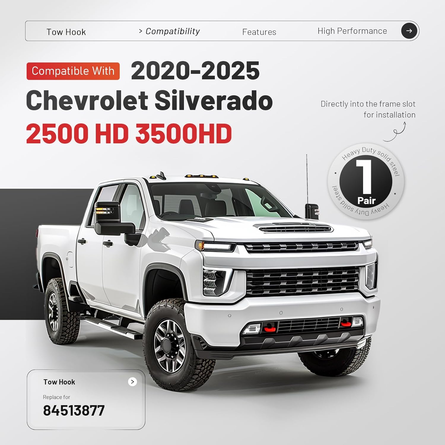 Front Tow Hooks Compatible with 2020-2025 Chevrolet Silverado 2500 HD 3500 HD Replace 84513877 2Pcs Red Steel
