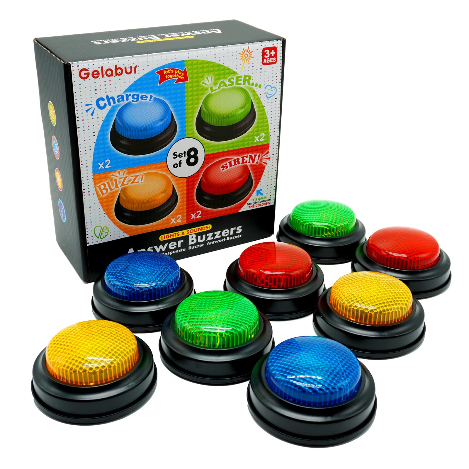 Gelabur 8-Pack Buzzers for Trivia Games, Answer Buzzers for Classroom, Family Feud Jeopardy Buzzer, Game Buzzers with Lights and Sound for Classroom, Game Show Buzzer Buttons