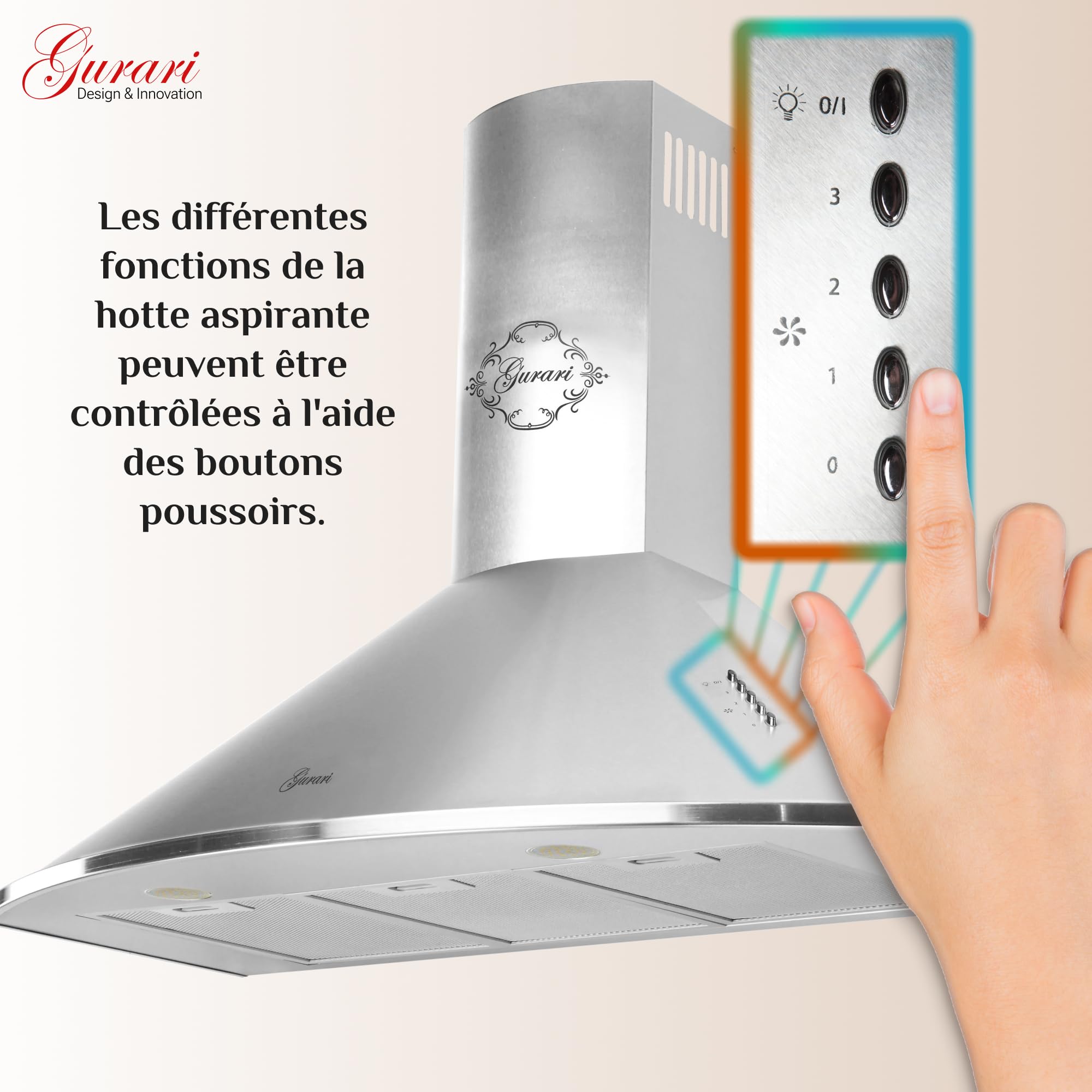 Gurari 046 IS Hotte aspirante murale 90 cm •1000m³/h•Hotte murale Luxe fabricant Gurari • 3 vitesses •1000m³/h •LED •Hotte• inox •Recirculation possible