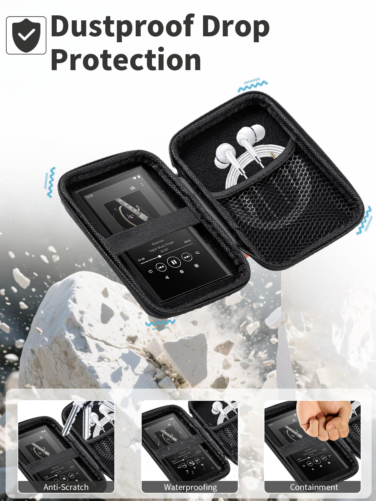 Etui do HiFi Walker G7 4 cali odtwarzacz MP3 - przenośne etui ochronne z kablem USB i miejscem na kartę pamięci, wodoszczelne i ochrona przed uderzeniami, czarne | praktyczna torba organizera na MP3