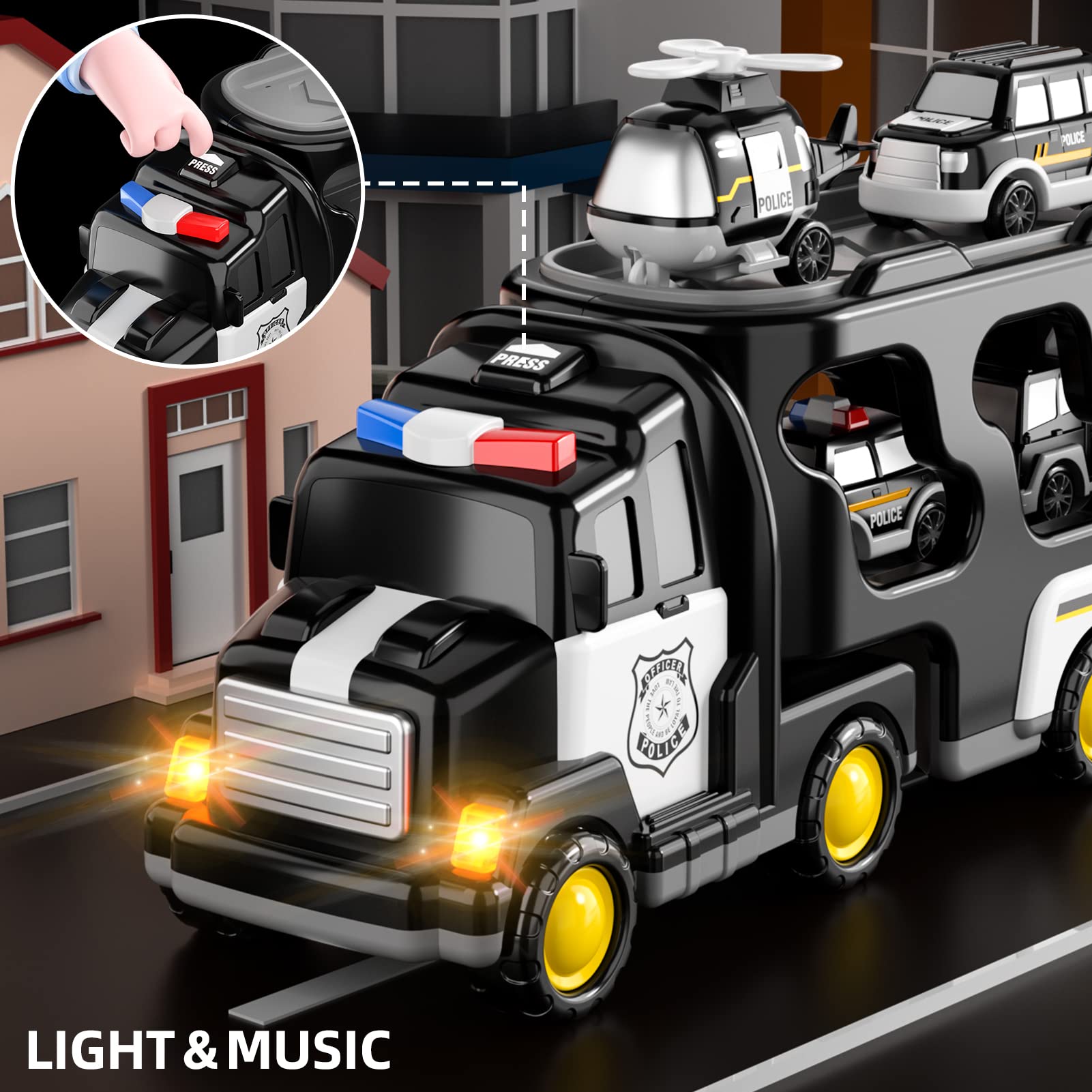Camión de policía 5 en 1 para niños de 1, 2, 3, 4, 5 años, vehículos de rescate de policía, autos, camiones, autobús, helicóptero para niños de 1 a 3 a 5 años, juguetes de coche para niños de 1 2