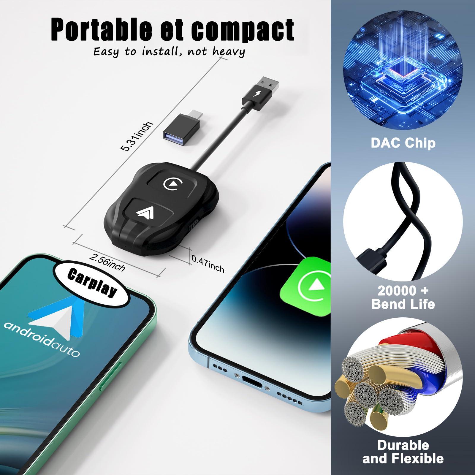 Draadloze CarPlay Adapter 2-in-1 voor Suzuki Ignis 2016 2017 2018 2019 2020 2021 2022 2023 2024 2025 2026, USB Plug and Play Bluetooth Automatische Verbinding Auto Accessoires,C-Silver