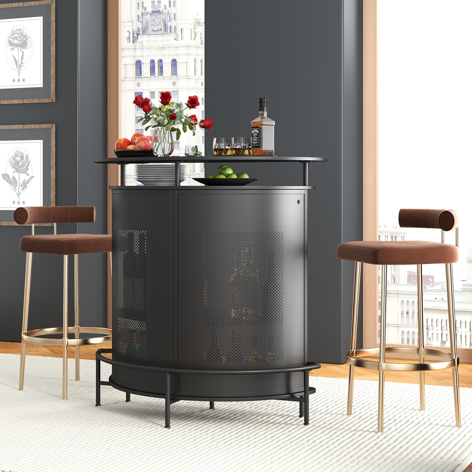 RELAX4LIFE Tavolo Bar Semicircolare con 4 Ripiani e 3 Supporti per Calici, Piano Curvo in Metallo Perforato con Poggiapiedi Integrato, per Cucina, Soggiorno o Angolo Bar (Nero, 110,5 x 48 x 112,5 cm)