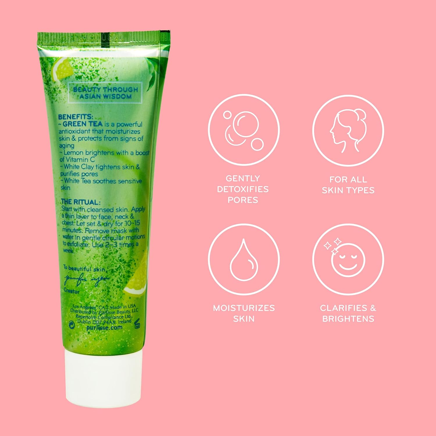 pürlisse Matcha Green Tea + Lemon Detoxifying Facial Mask - Charcoal Face Mask with Clay & Teas for Pore Refinement & Radiance - Exfoliates & Purifies Skin - Refreshing & Moisturizing (1.8 oz)