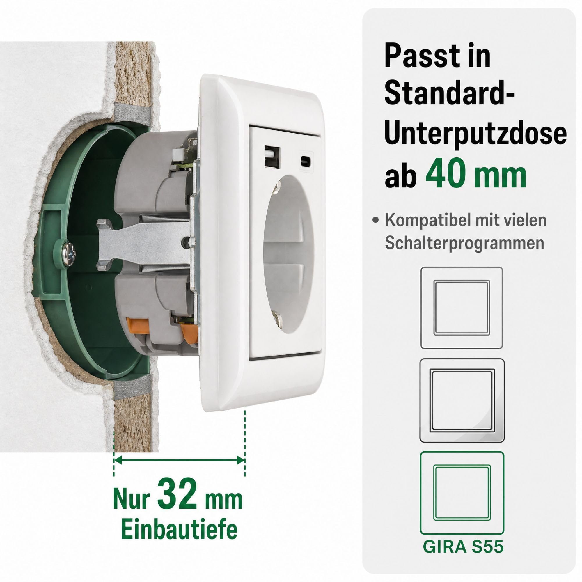 USB-Steckdose chargeMax unter Putz USB-A + USB-C mit Rahmen Ausführung 2USB, Tiefe nur 32mm, Set mit Abdeckung Gira S55 reinweiß glänzend