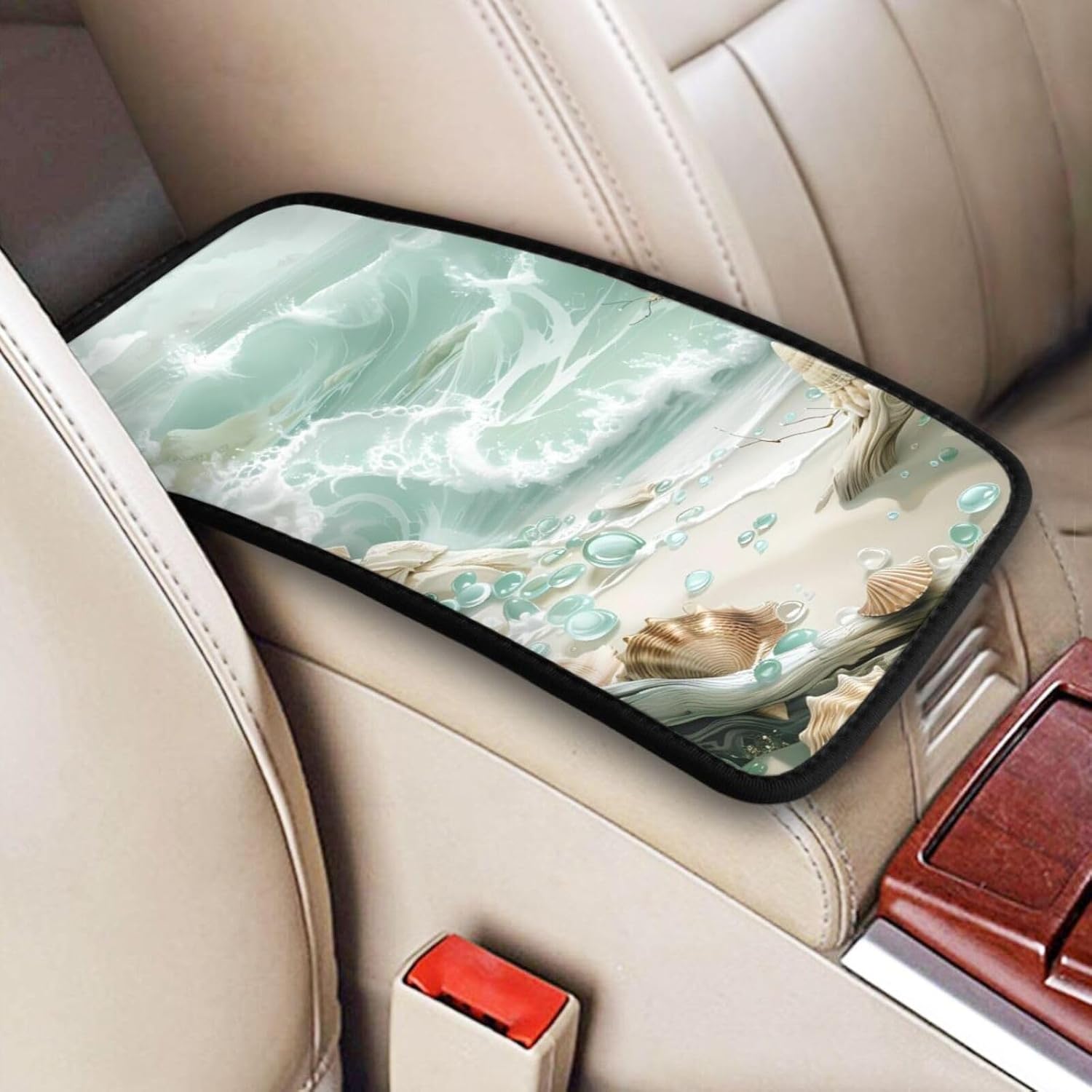 Exquisite Seaside Illustrations Print Car Center Console Cover Universal Neoprene Car Armrest Storage Box Decoration Protector Pad for Car Truck SUV, Interior Accessories