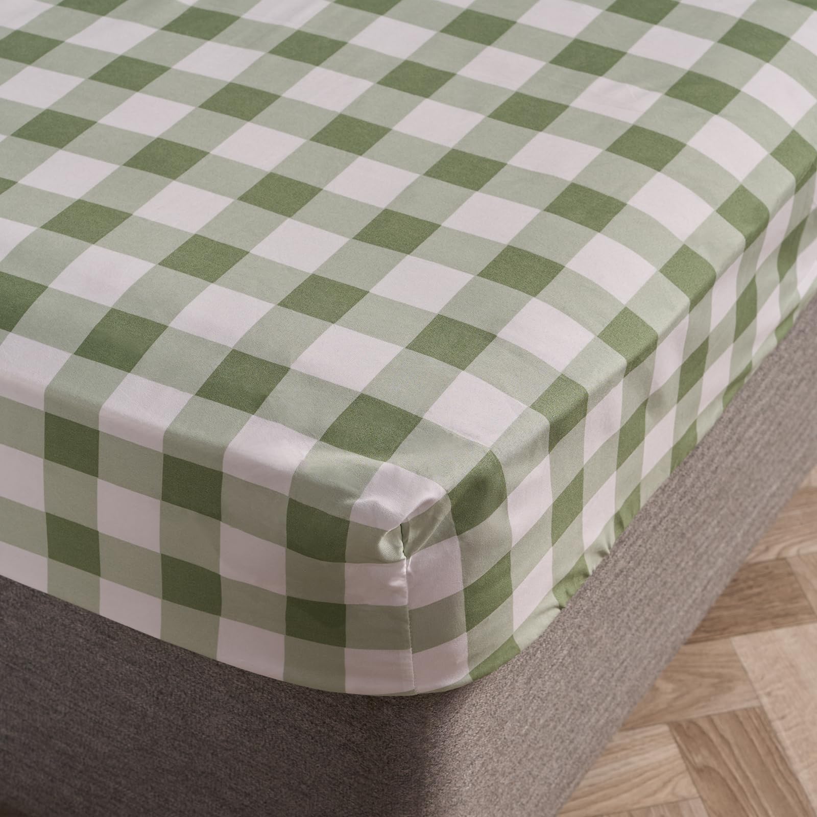 Ohs Sage - Gingham Gingham Bedding King Size Fitted Sheets, Easy Care Soft Microfibre Fabric Deep Pocket 25Cm Shrinkage And Fade Resistant Bed Sheet, Sage - 150 X 200Cm