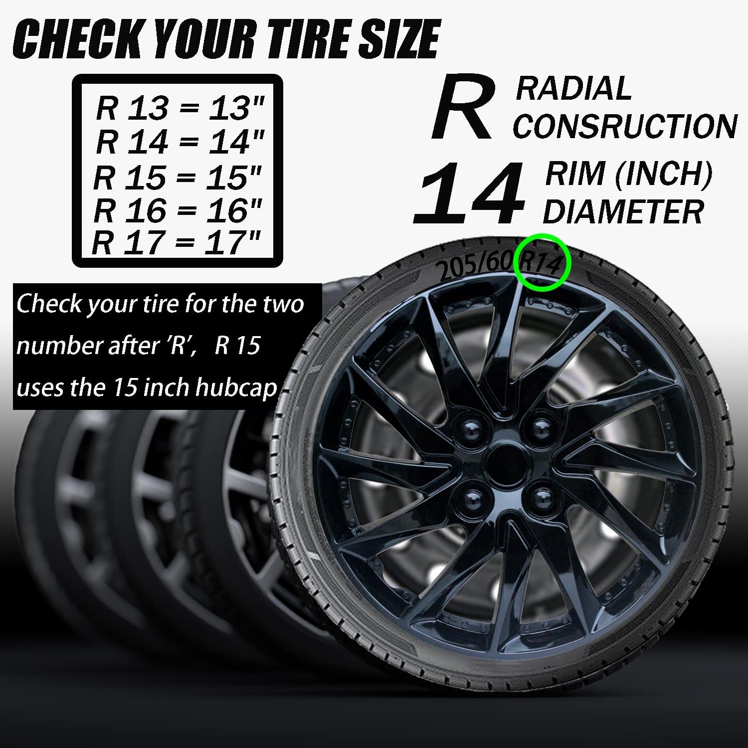 Hubcaps Wheel Cover Replacement R14 Size Hub Cap Universal Steel Wheels Rim Tire Covers ABS Material Exterior Accessories for Most Car Truck SUV -Set of 4（14-inch，Black）