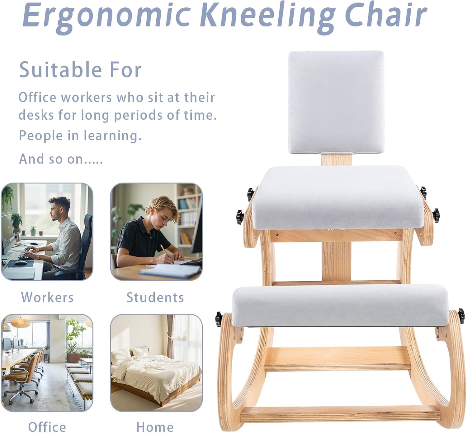 Ergonomic Kneeling Chair with Back Support,Wooden Kneeling Chair Desk for Work, Rocking Office Kneel Chairs for Relieve Back Pain, Kneeling Posture Chairs for Gaming,Home (Light Gray)