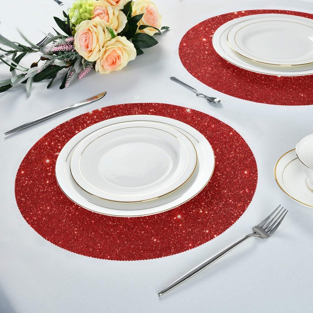 Round Placemats Red Placemats Red Glitter Sparkle Shinning Place Mat Set of 6 Table Mats 15.4 inch for Kitchen Dining Table Holiday Party