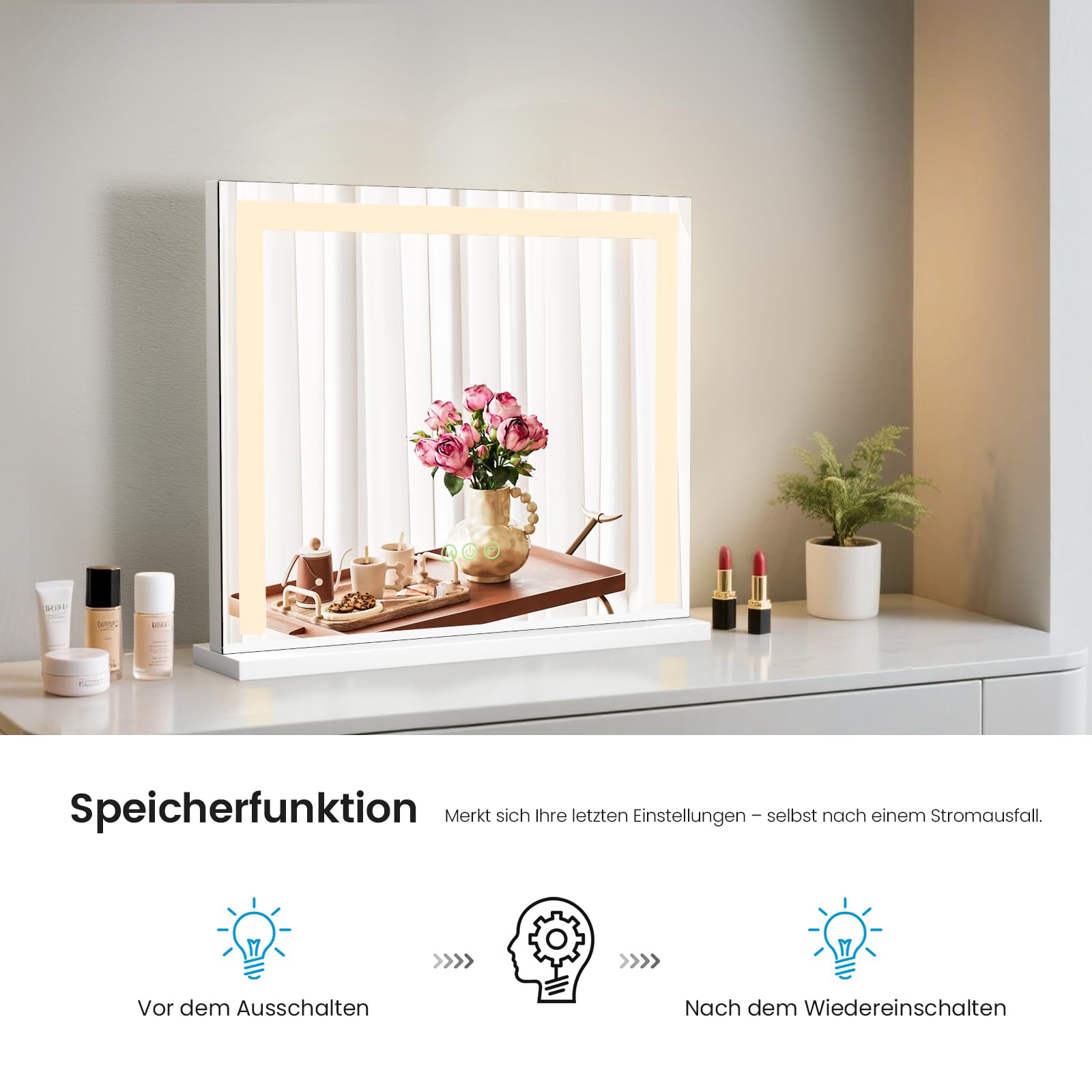 Heilmetz Schminkspiegel mit Beleuchtung 50x42cm, LED Hollywood Spiegel mit Dimmbar 3 Lichtfarben, Touch Schalter, Makeup Kosmetikspiegel mit Licht - Weiß
