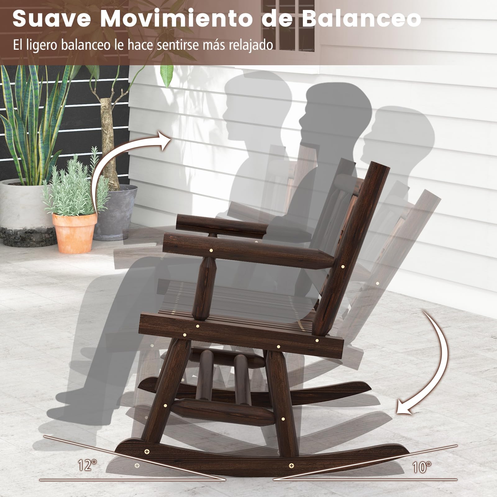 COSTWAY Banco Mecedora Jardin Exterior de 2 Plazas, Banco Madera Carbonizada con Respaldo y Reposabrazos, Banco Jardin Patio Terraza Porche, Carga 320 kg, 111 x 85 x 89 cm, Marrón Rústico